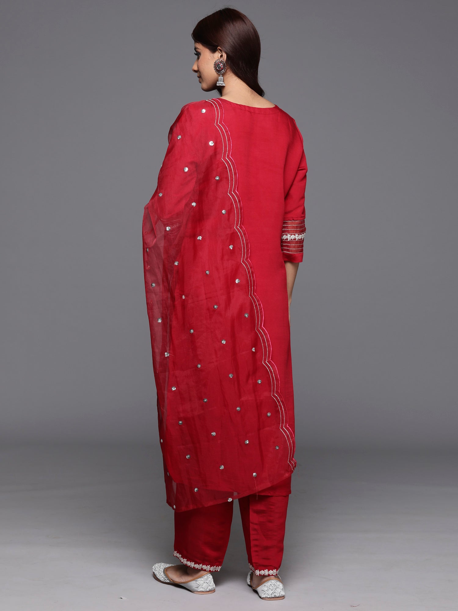Red Embroidered Straight Kurta Trousers With Dupatta Set