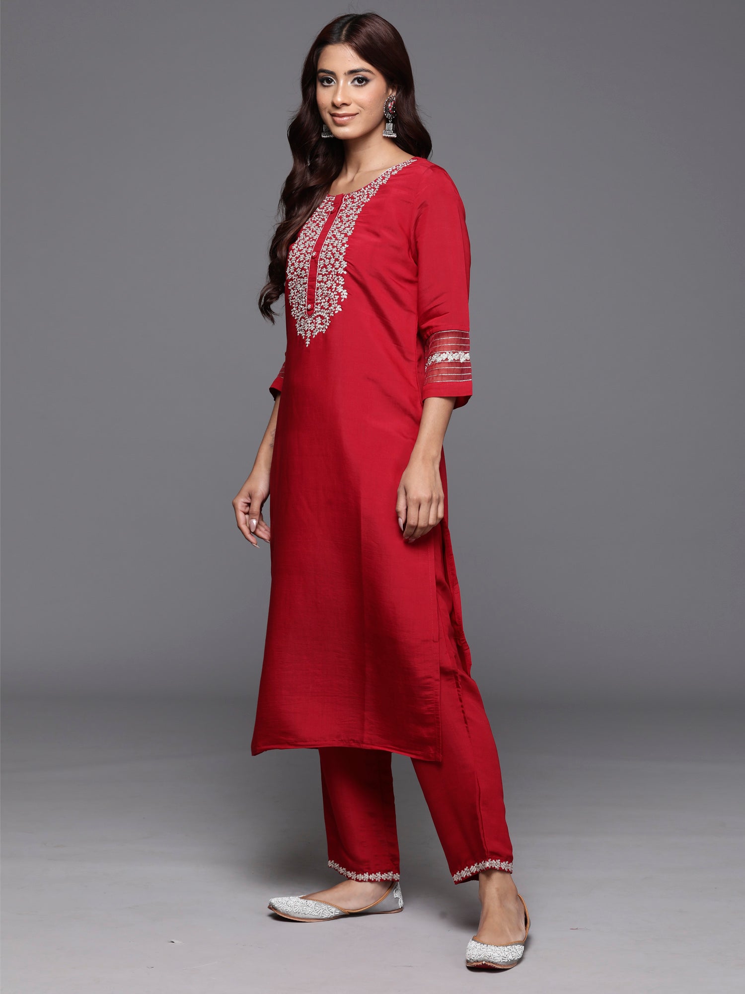 Red Embroidered Straight Kurta Trousers With Dupatta Set