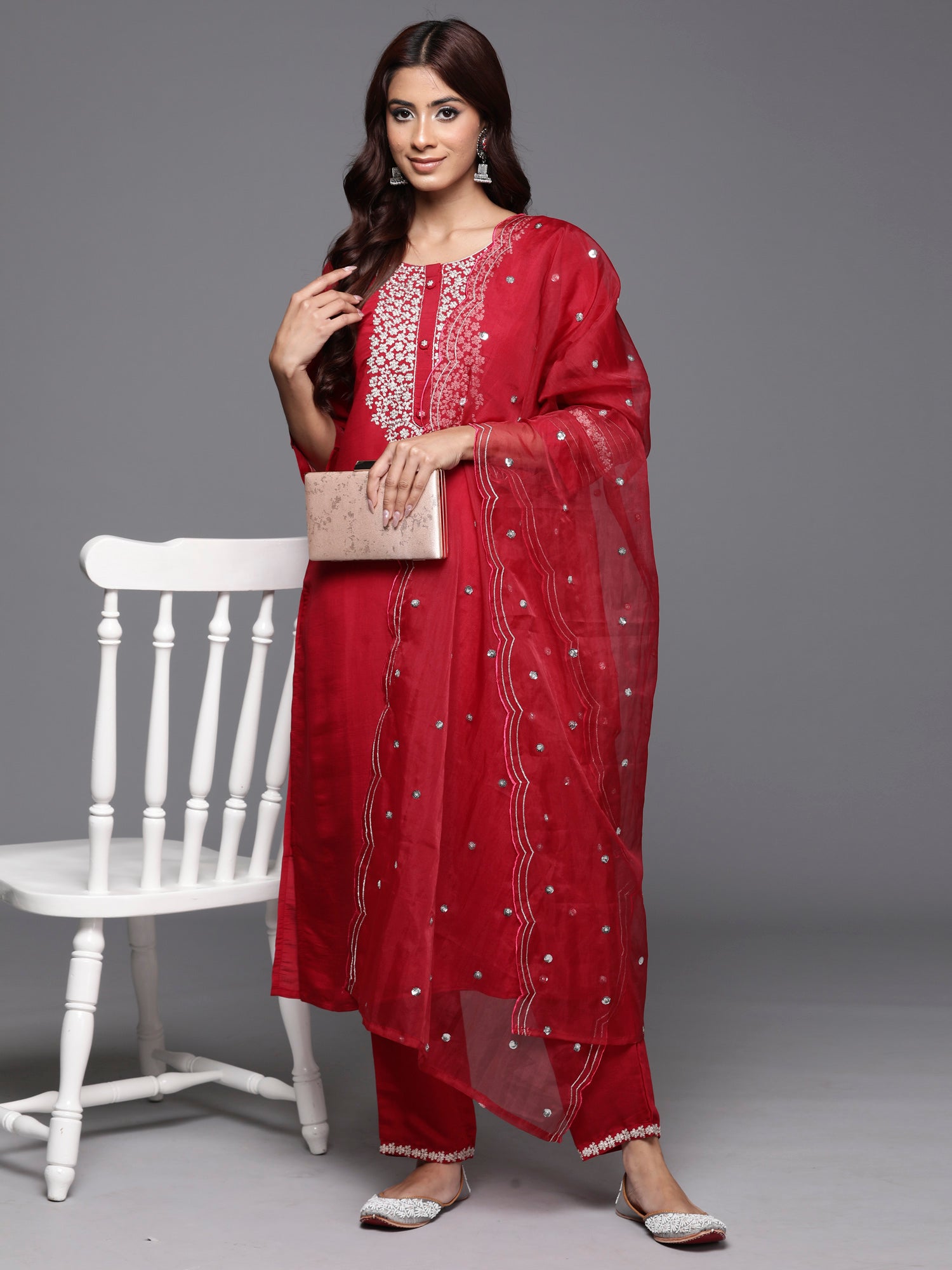 Red Embroidered Straight Kurta Trousers With Dupatta Set