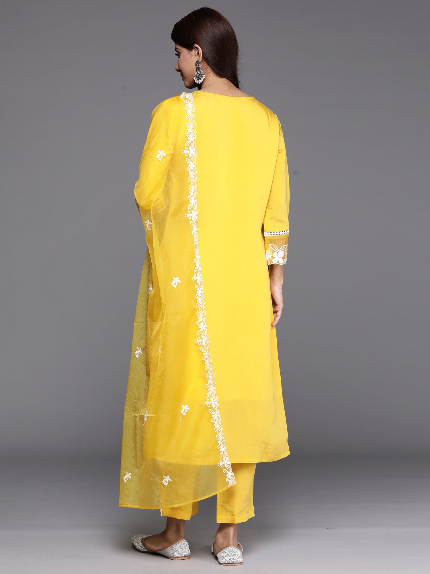 Yellow Embroidered Straight Kurta Trousers With Dupatta Set