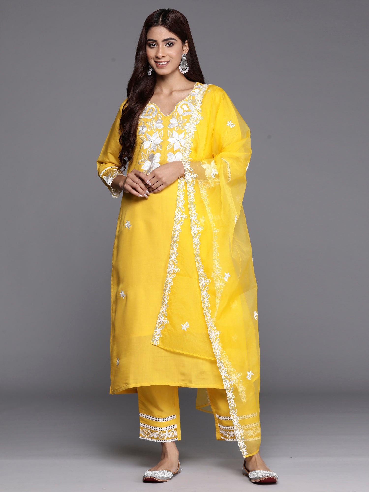 Yellow Embroidered Straight Kurta Trousers With Dupatta Set
