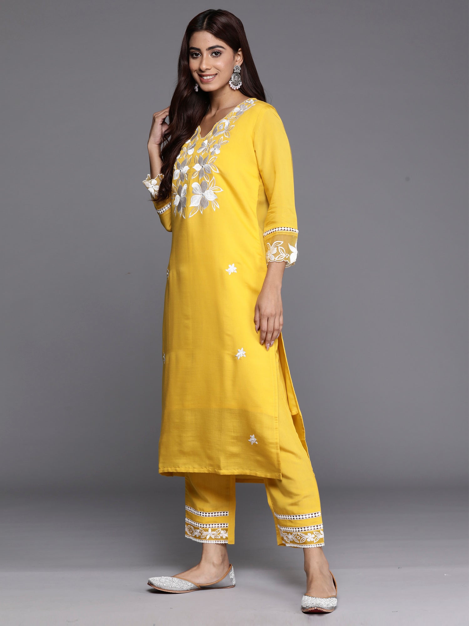 Yellow Embroidered Straight Kurta Trousers With Dupatta Set
