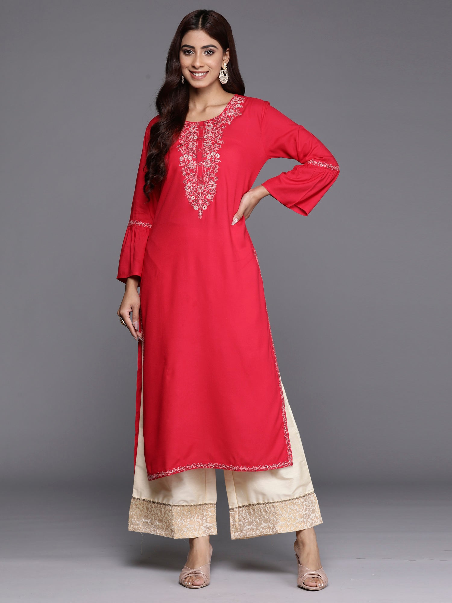 Magenta Embroidered Straight Kurtas