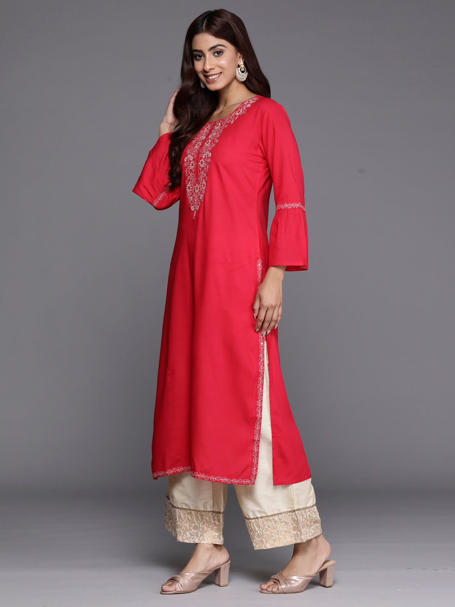 Magenta Embroidered Straight Kurtas