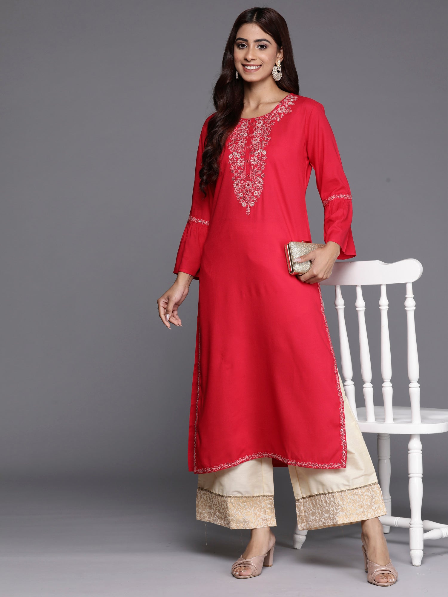 Magenta Embroidered Straight Kurtas