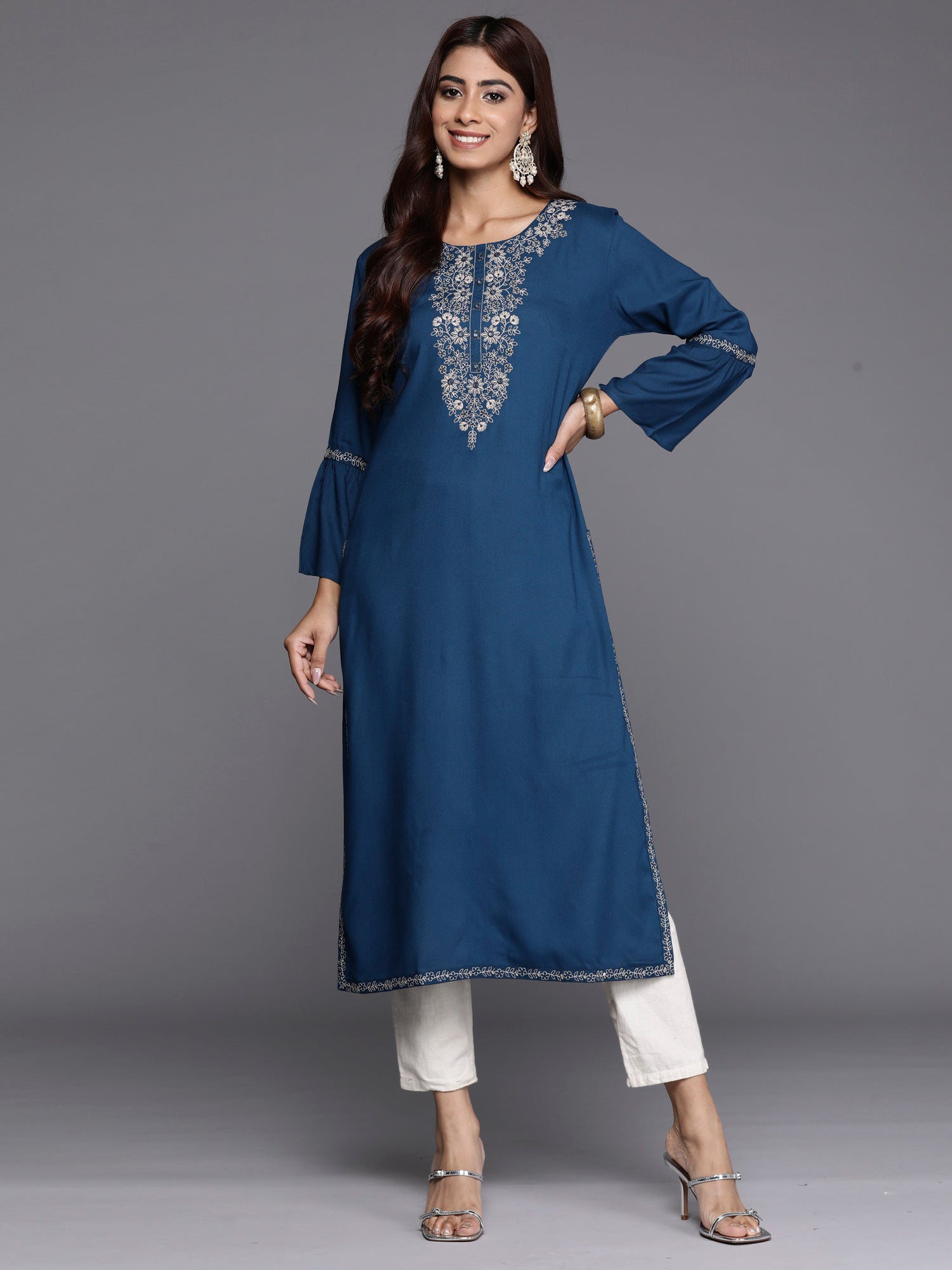 Teal Embroidered Straight Kurtas