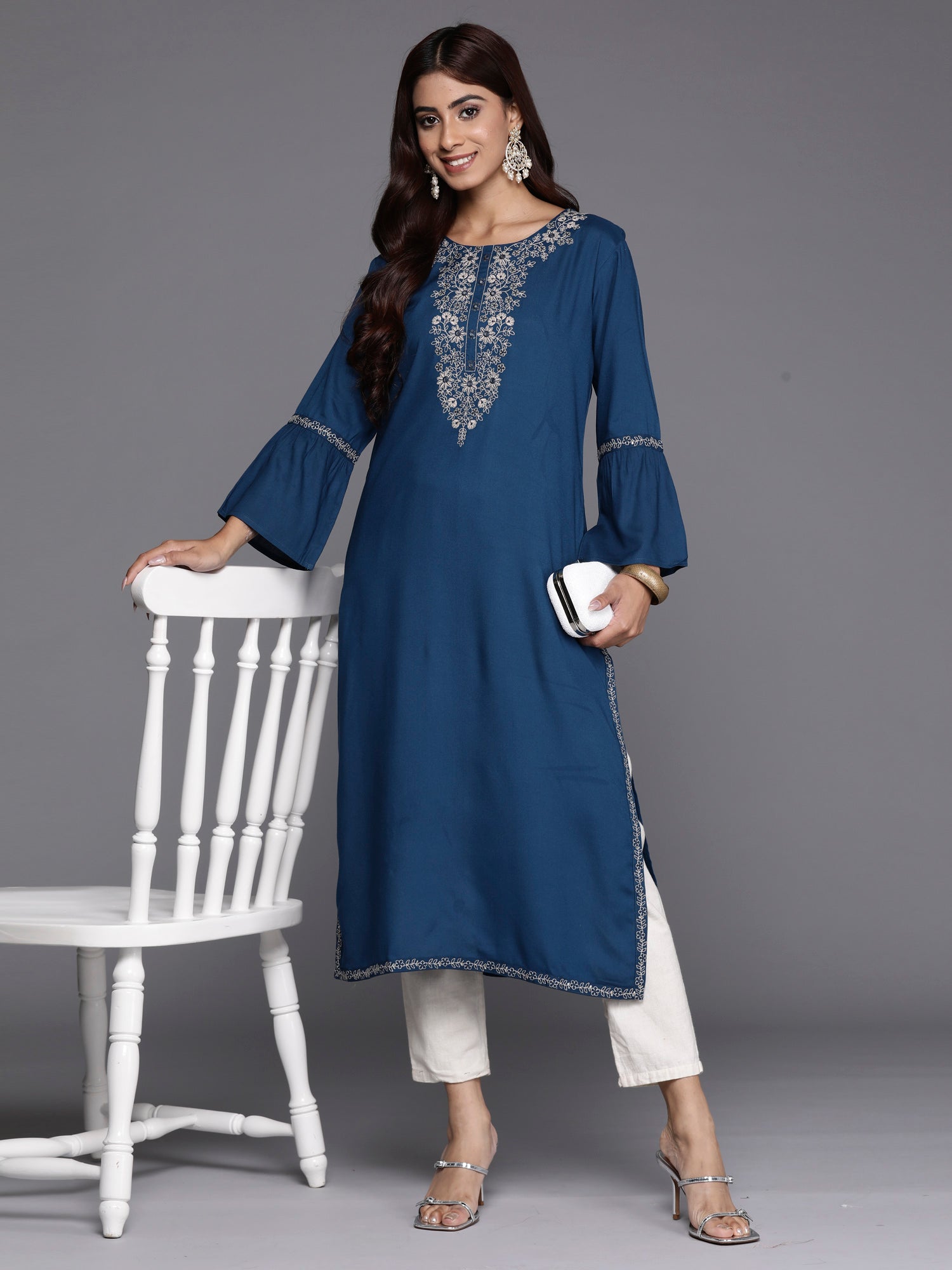 Teal Embroidered Straight Kurtas