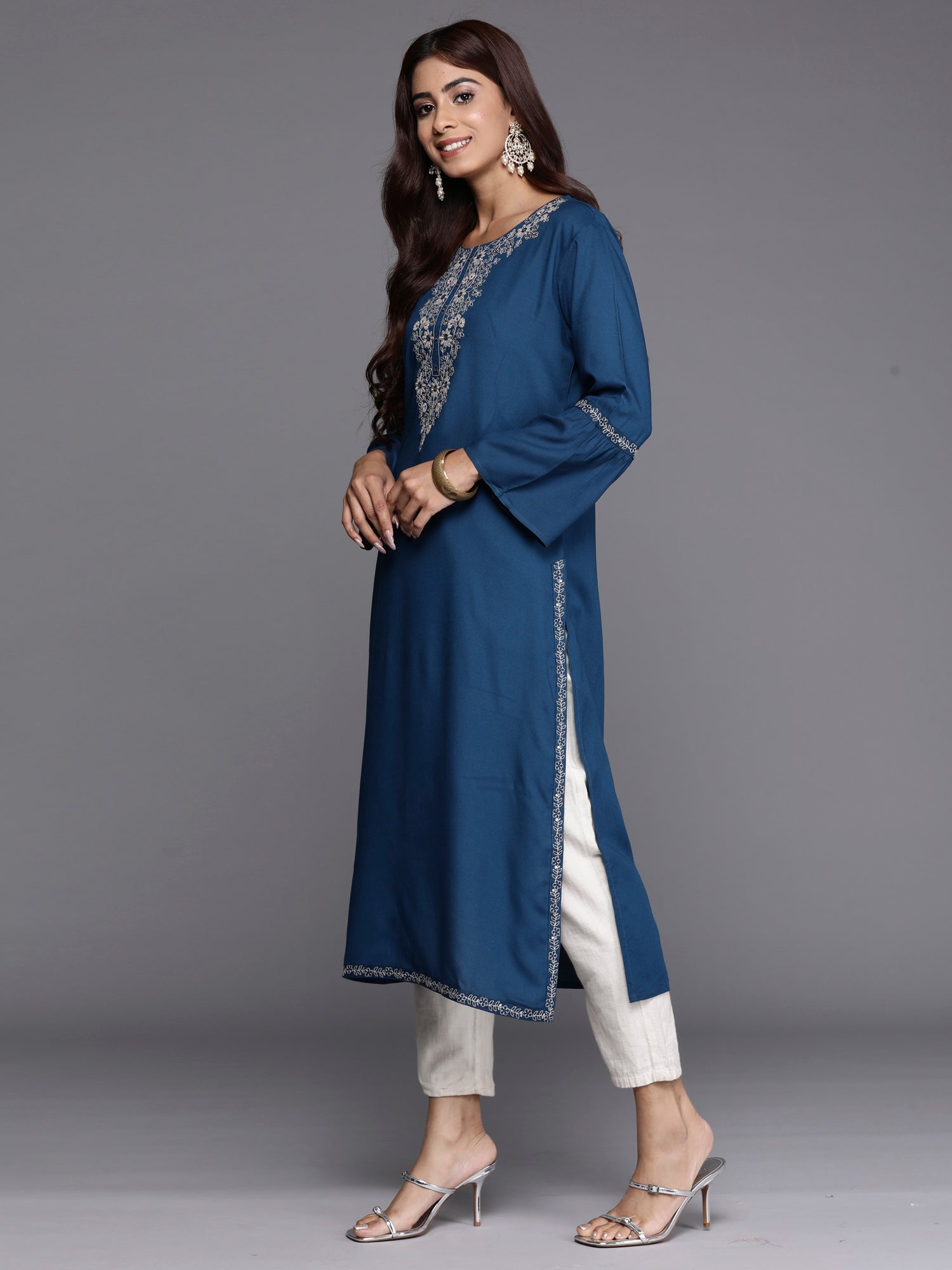 Teal Embroidered Straight Kurtas
