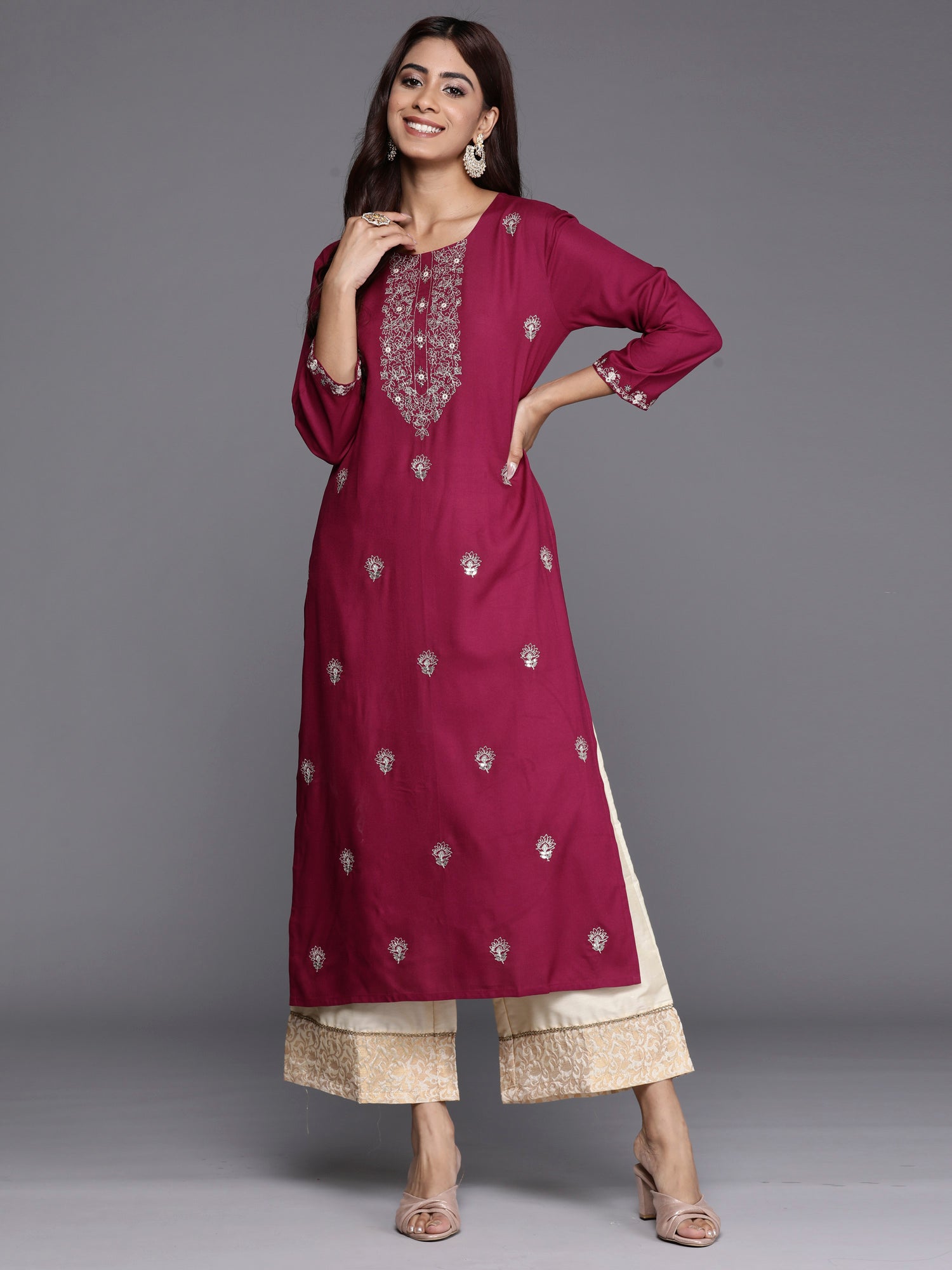Burgundy Embroidered Straight Kurtas