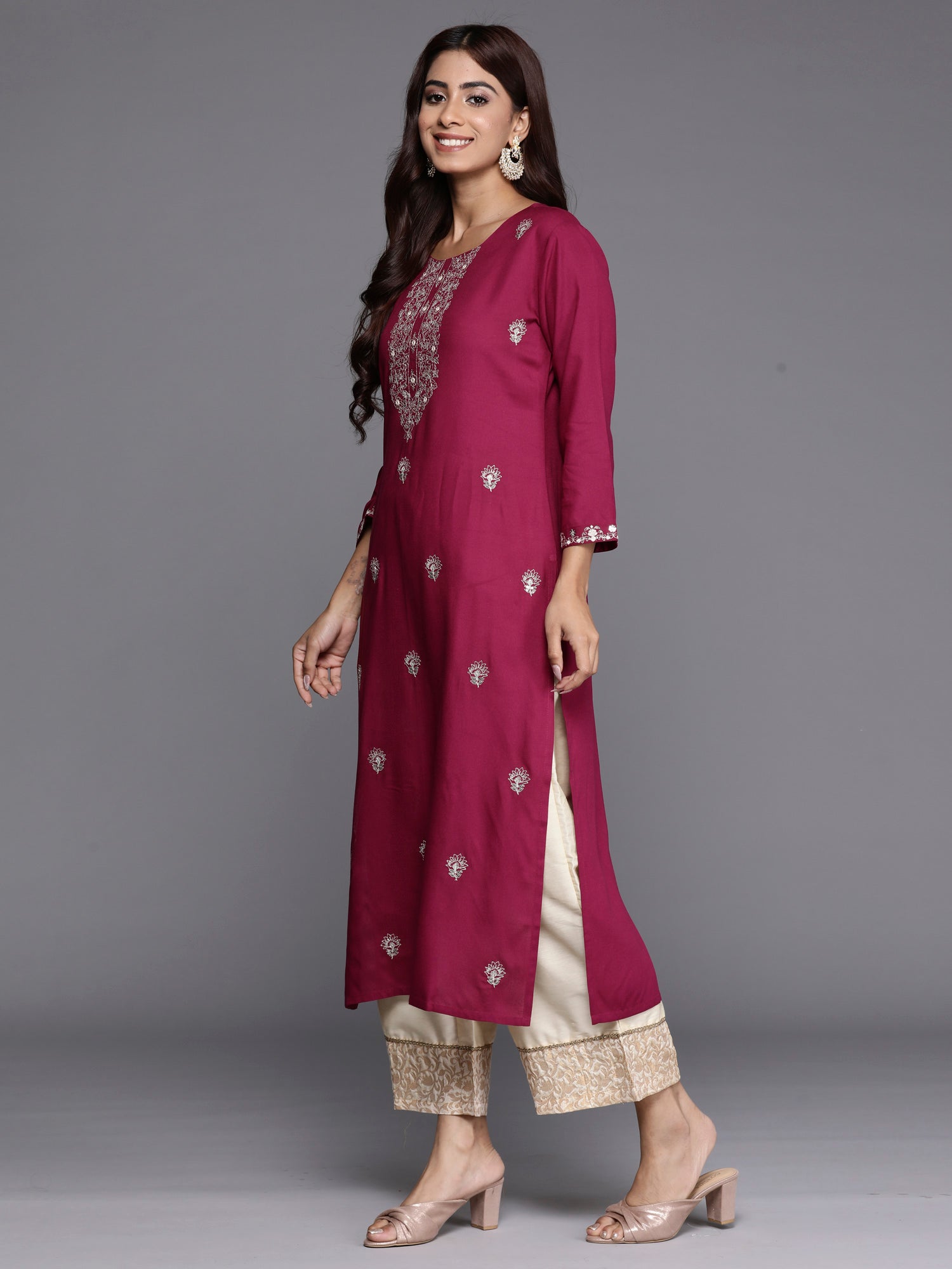 Burgundy Embroidered Straight Kurtas