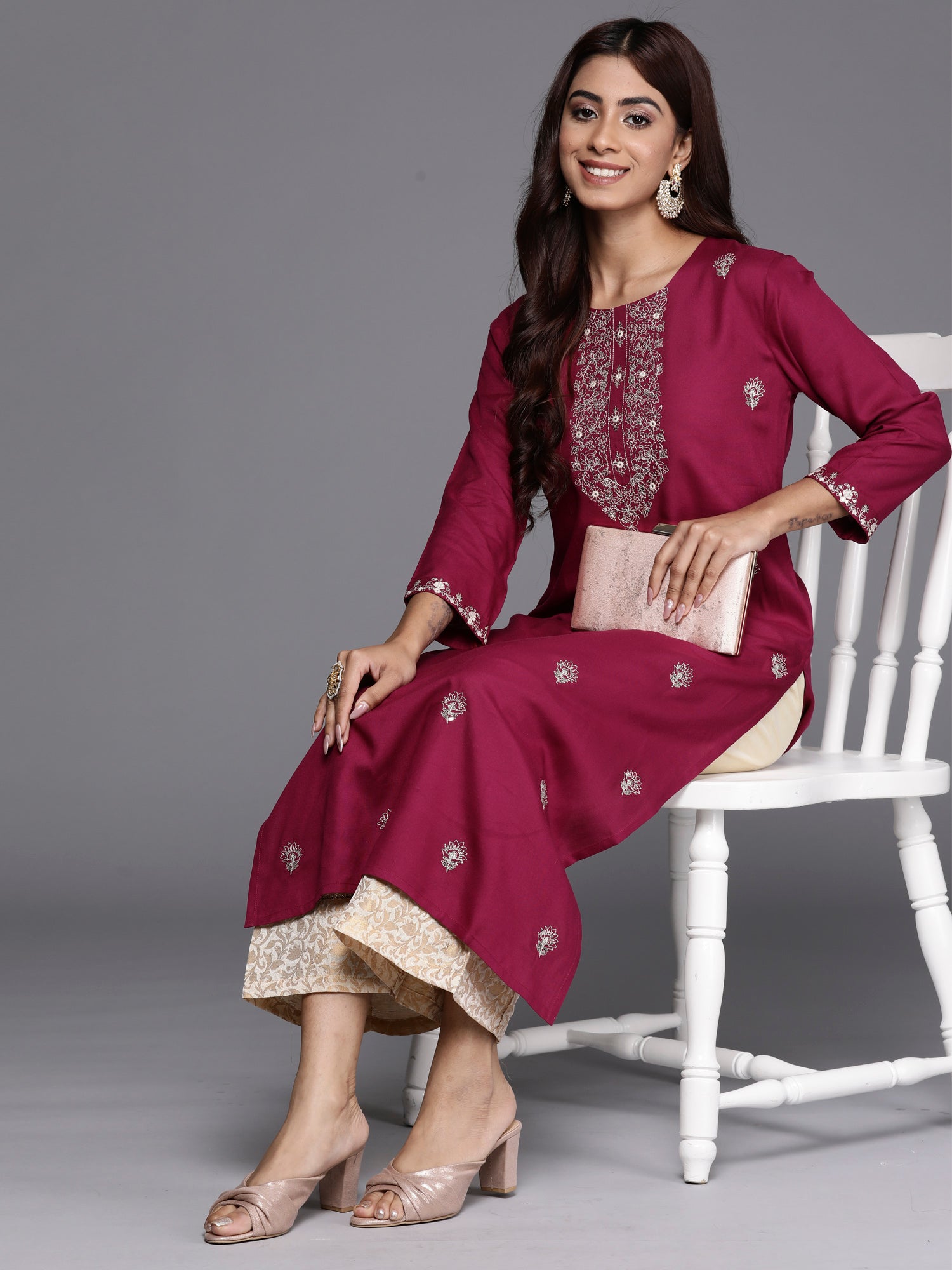 Burgundy Embroidered Straight Kurtas