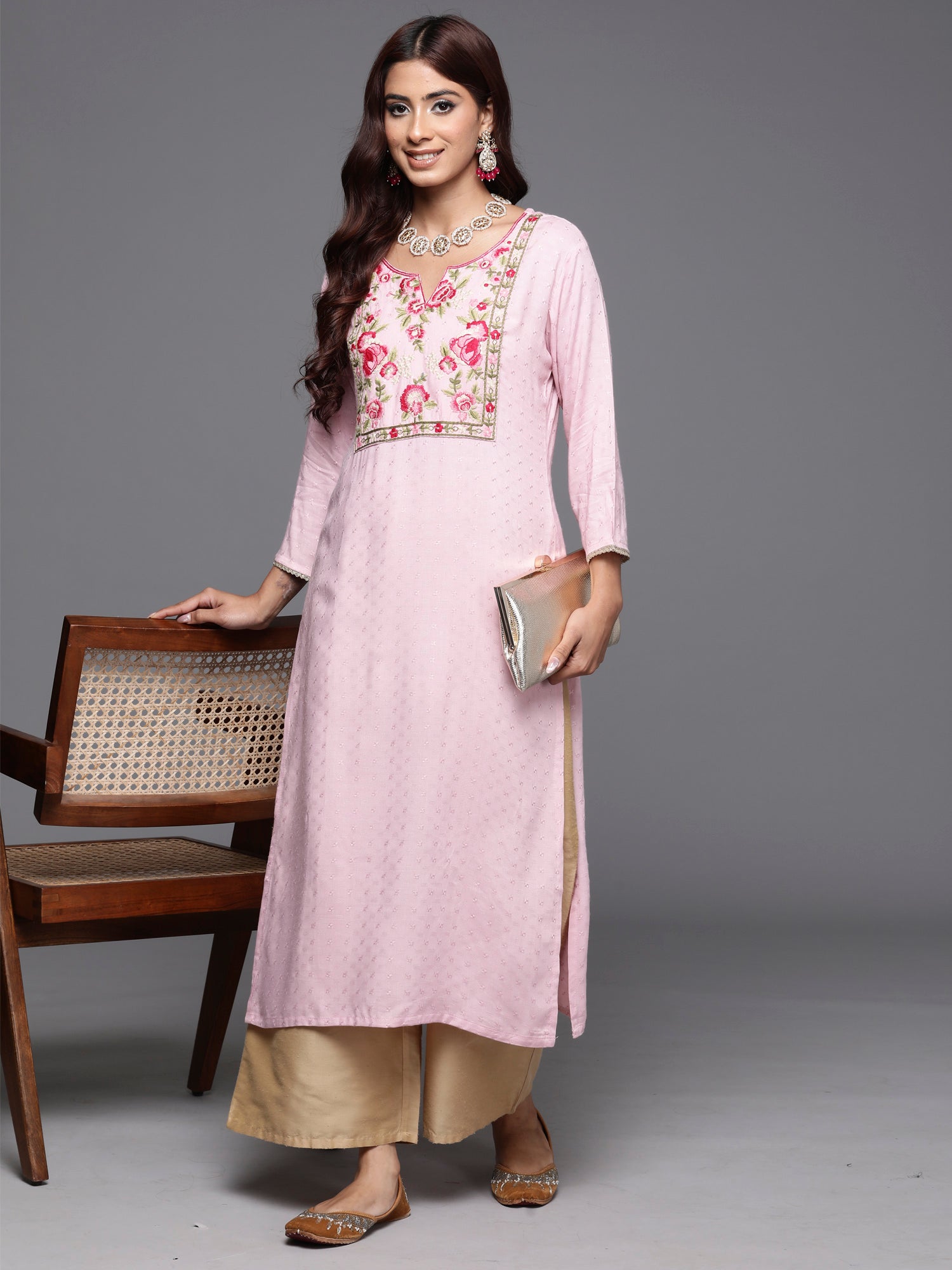 Pink Embroidered Straight Kurtas