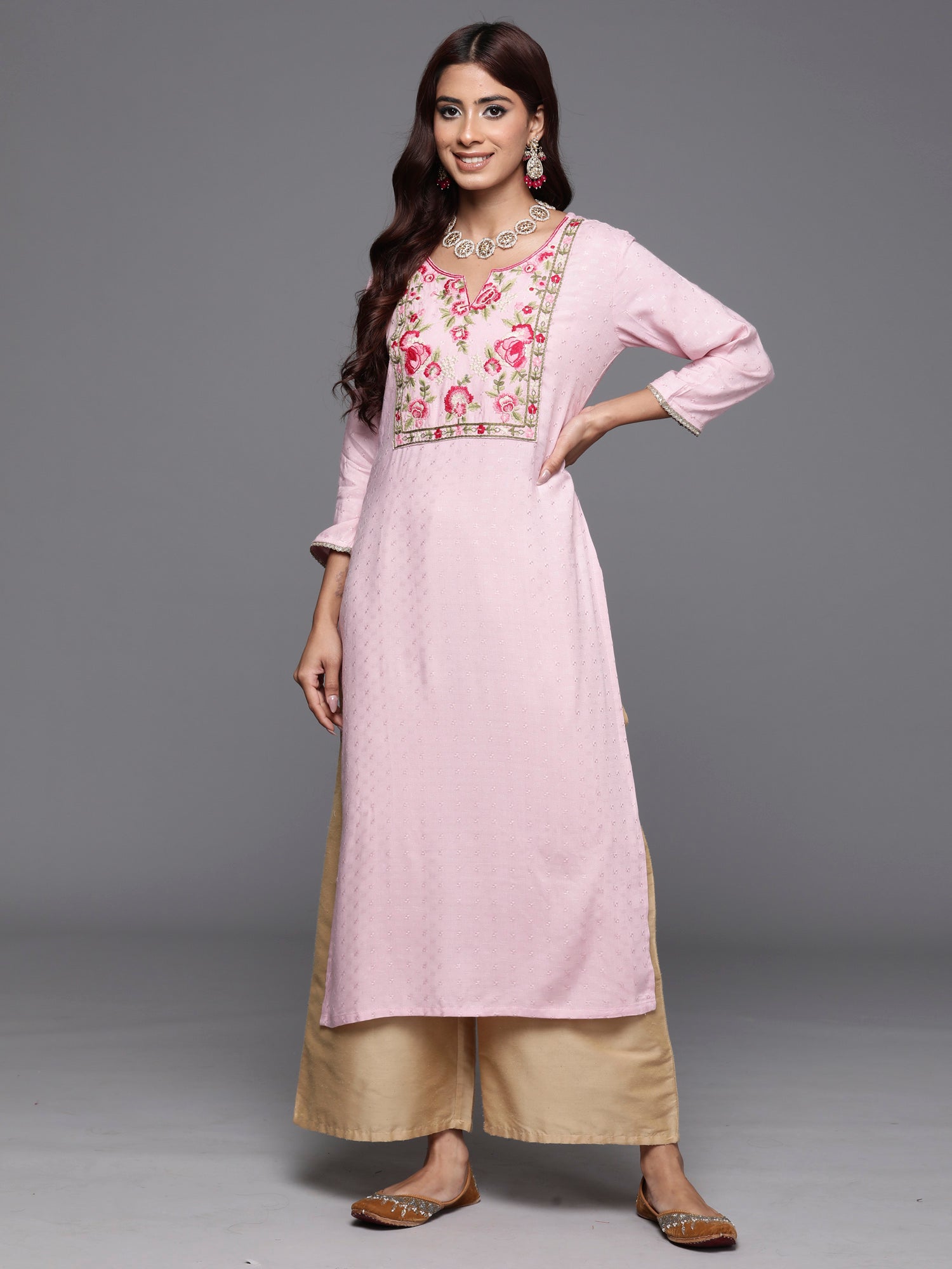 Pink Embroidered Straight Kurtas