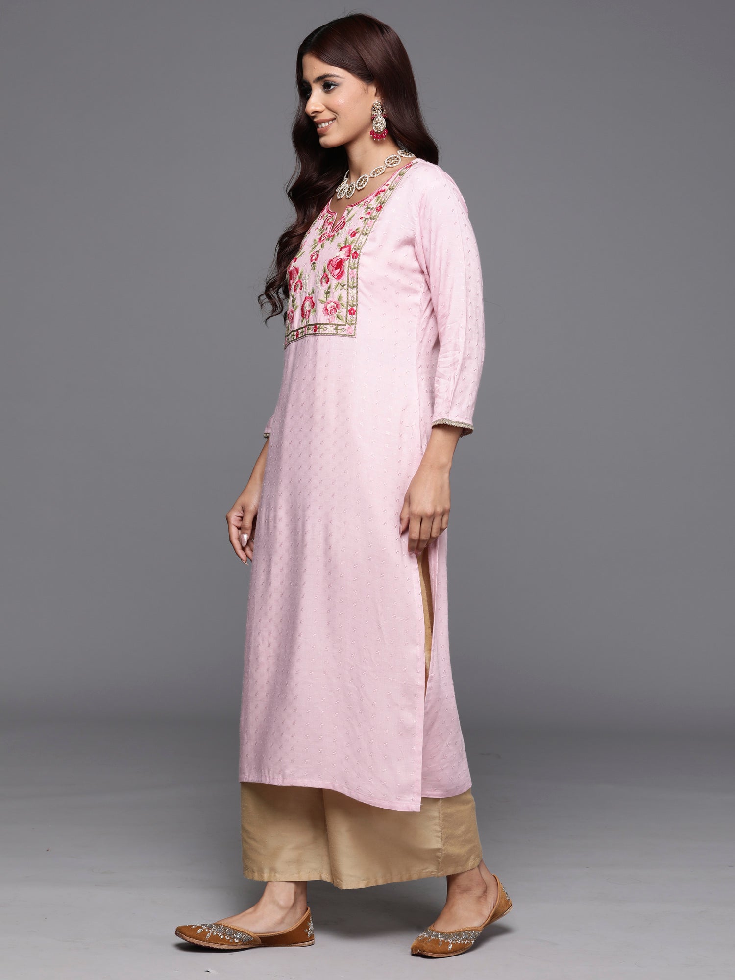 Pink Embroidered Straight Kurtas