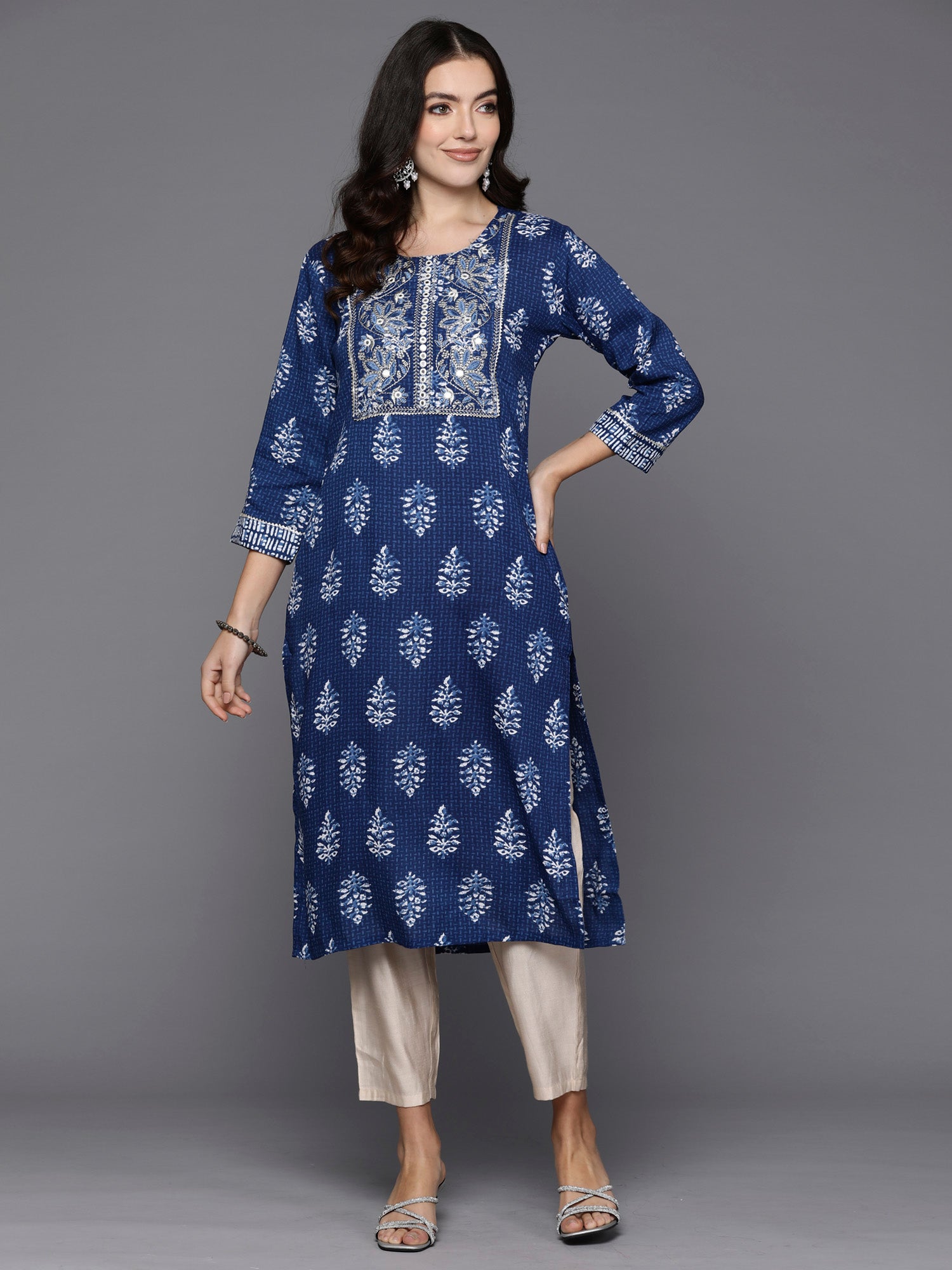 Blue Printed Straight Kurtas