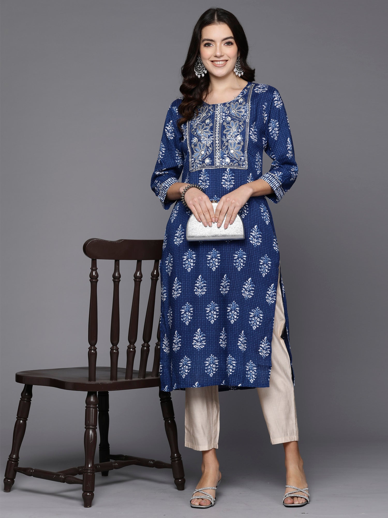 Blue Printed Straight Kurtas