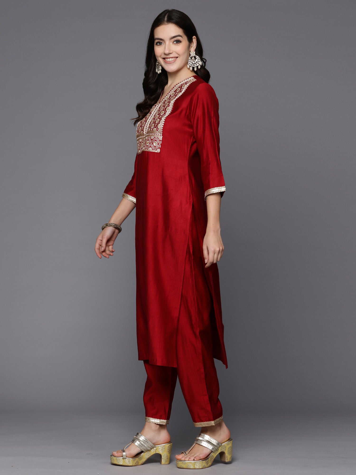 Red Embroidered Straight Kurta Trousers With Dupatta Set