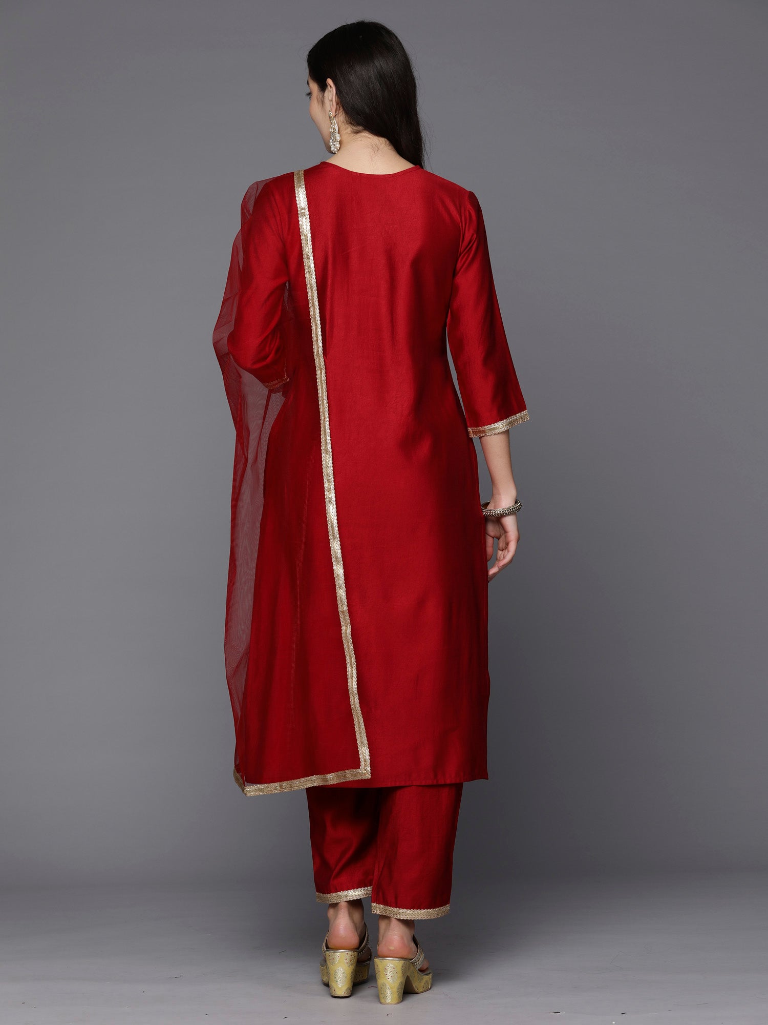 Red Embroidered Straight Kurta Trousers With Dupatta Set