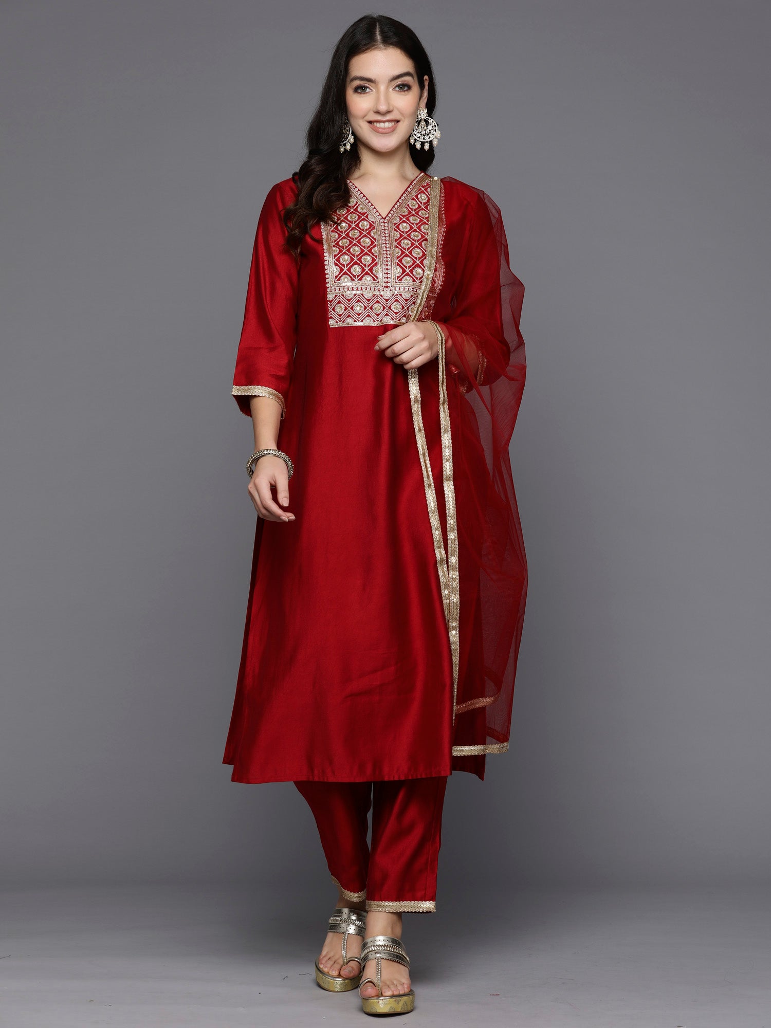 Red Embroidered Straight Kurta Trousers With Dupatta Set