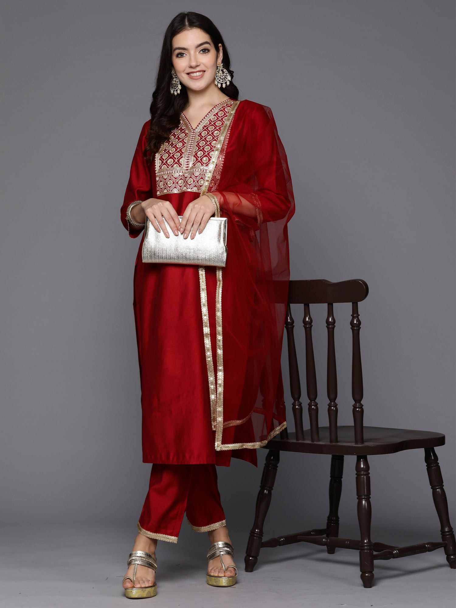 Red Embroidered Straight Kurta Trousers With Dupatta Set