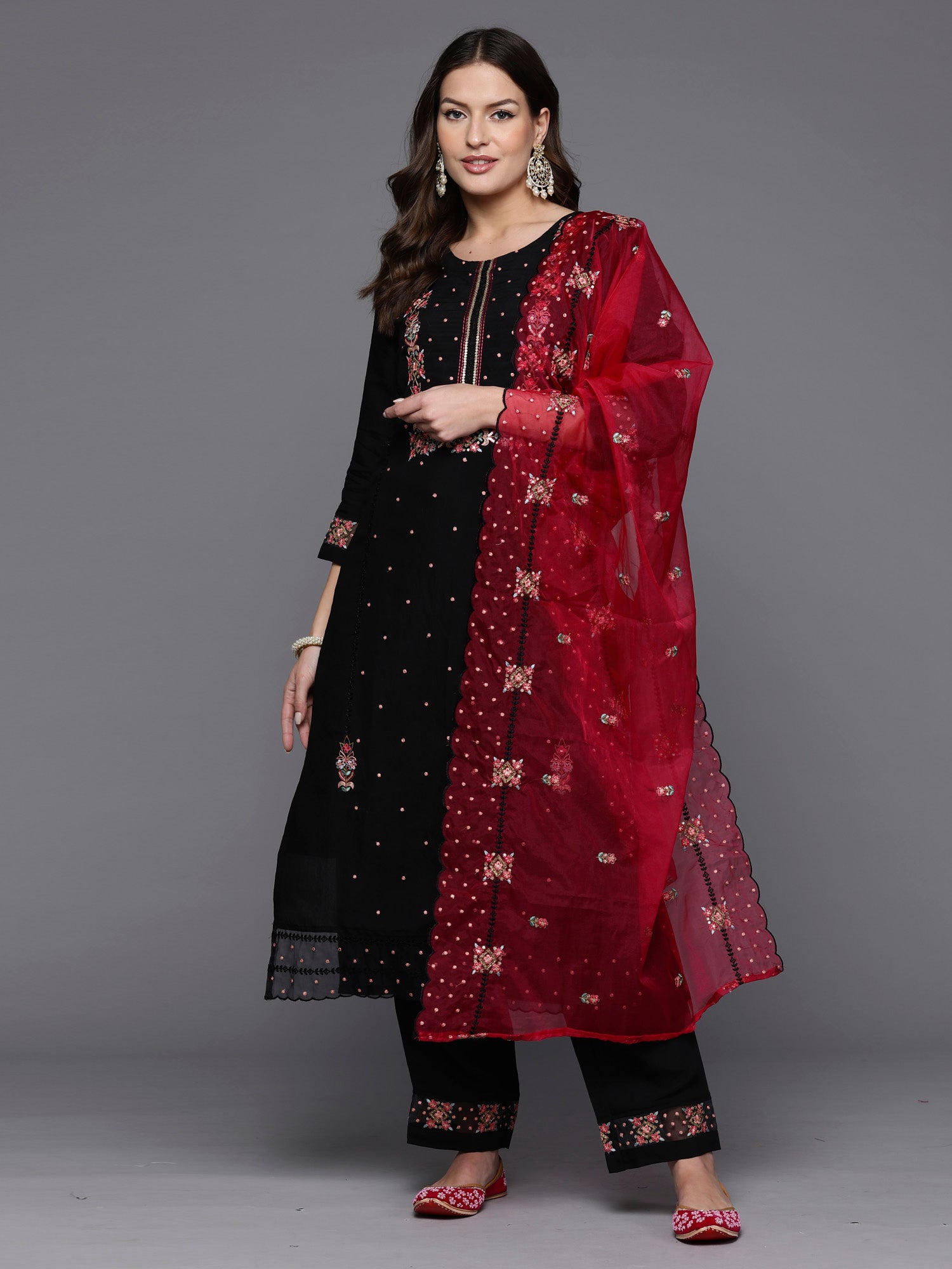 Black Embroidered Straight Kurta Trousers With Dupatta Set