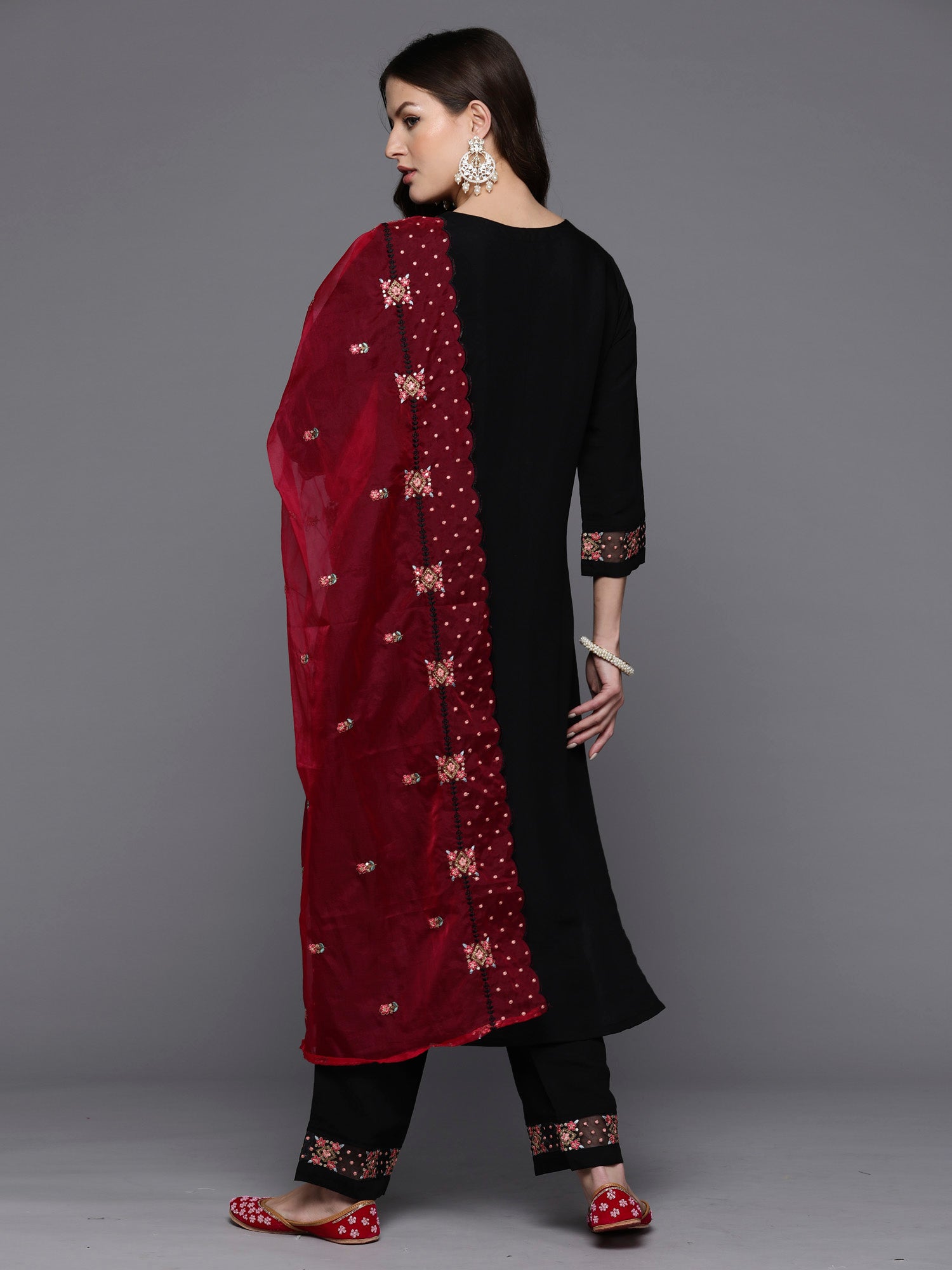 Black Embroidered Straight Kurta Trousers With Dupatta Set