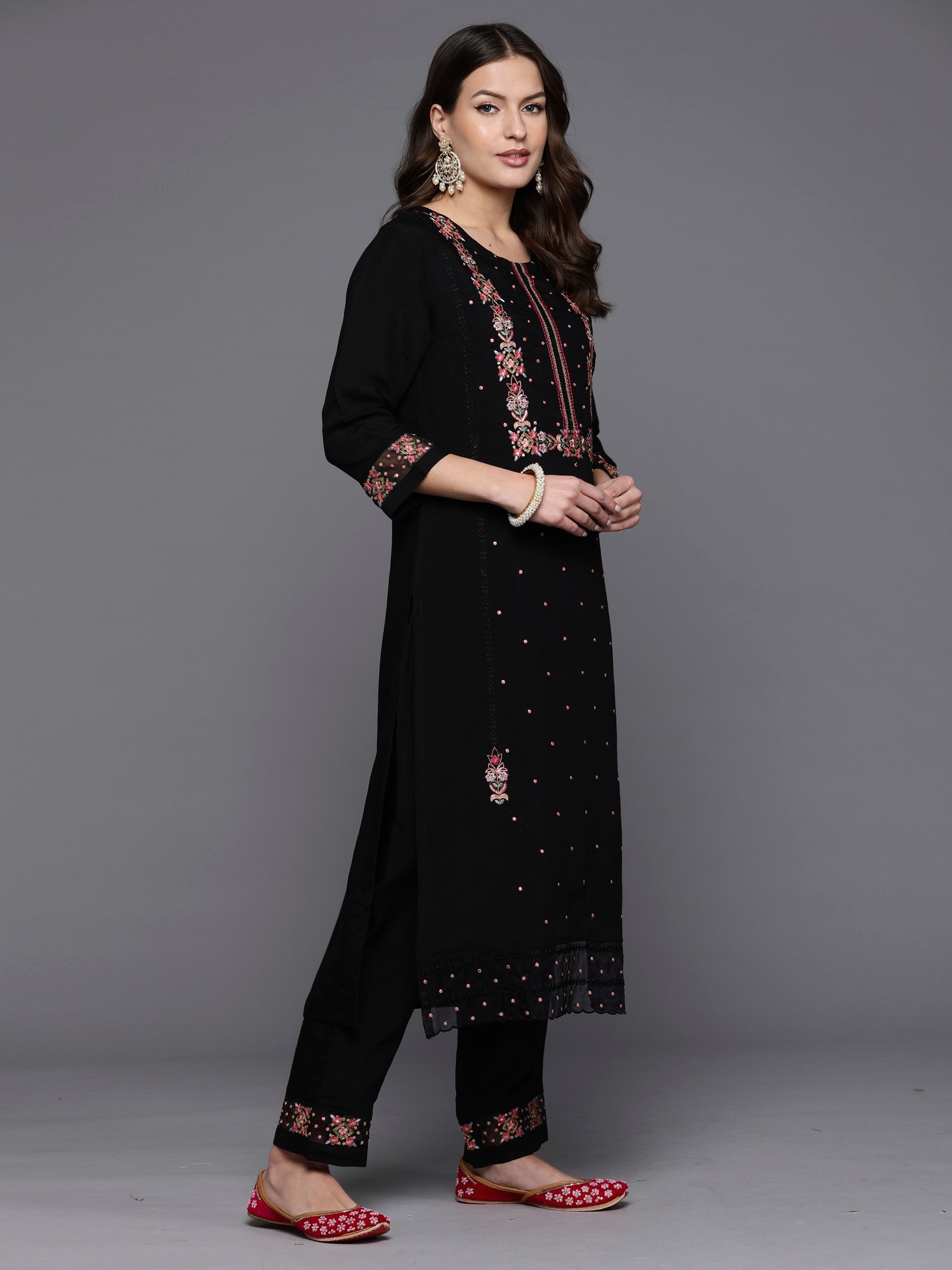 Black Embroidered Straight Kurta Trousers With Dupatta Set