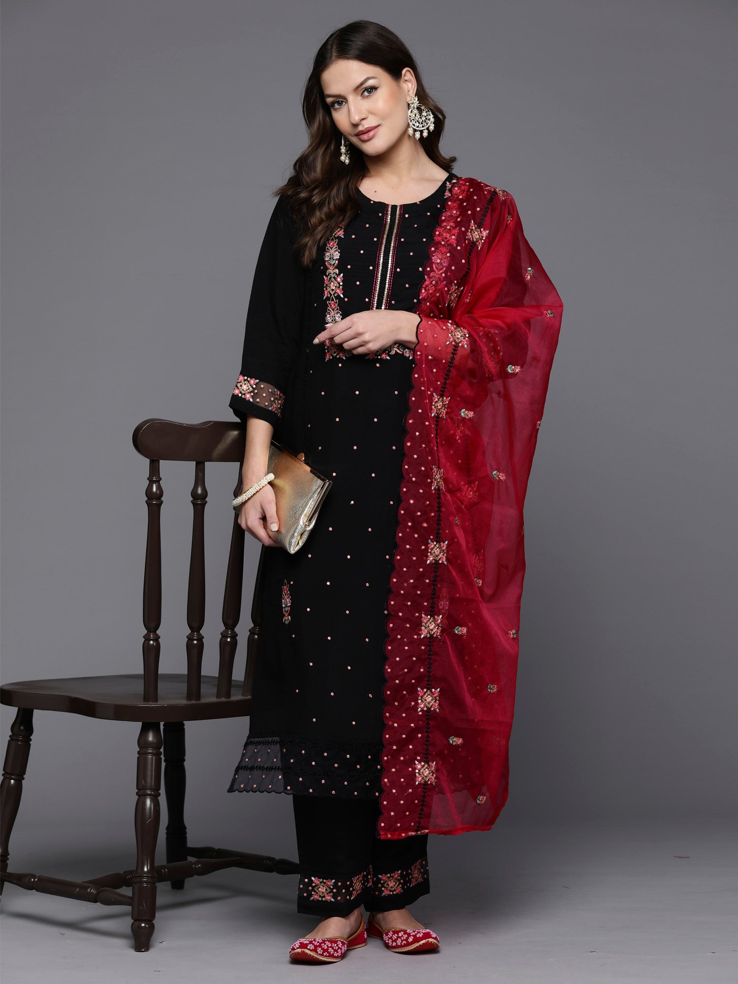 Black Embroidered Straight Kurta Trousers With Dupatta Set