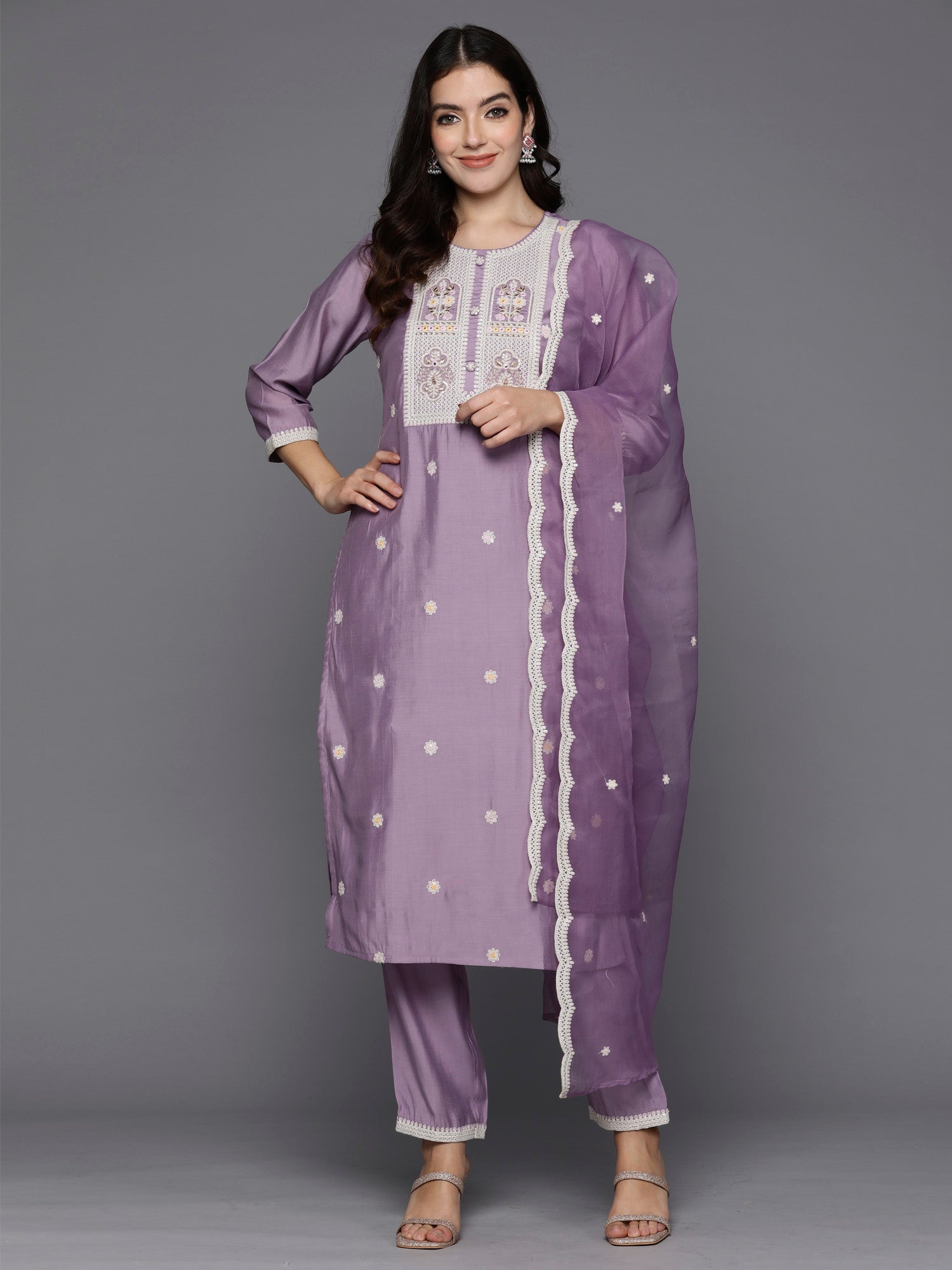 Lavender Embroidered Straight Kurta Trousers With Dupatta Set