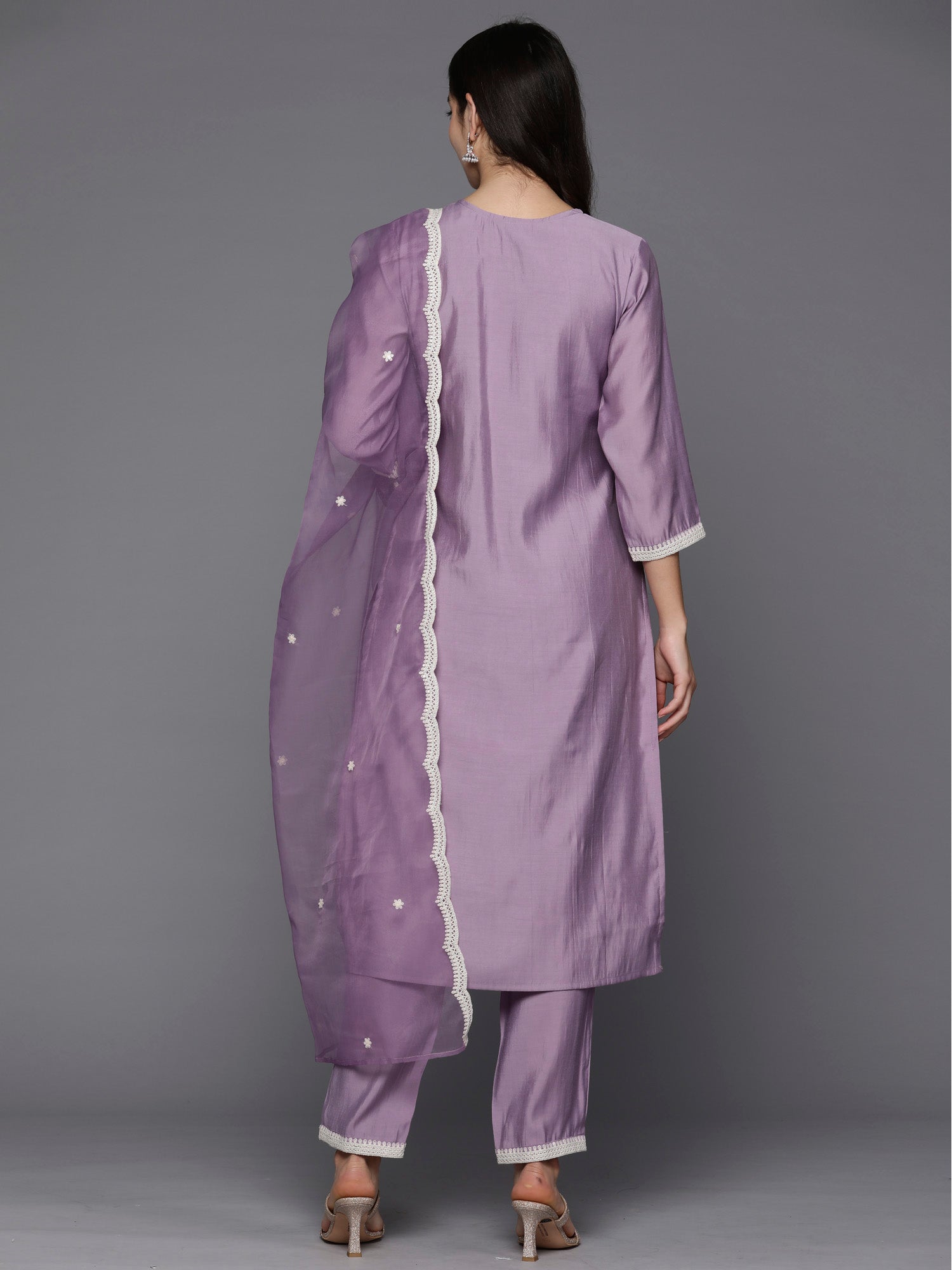 Lavender Embroidered Straight Kurta Trousers With Dupatta Set