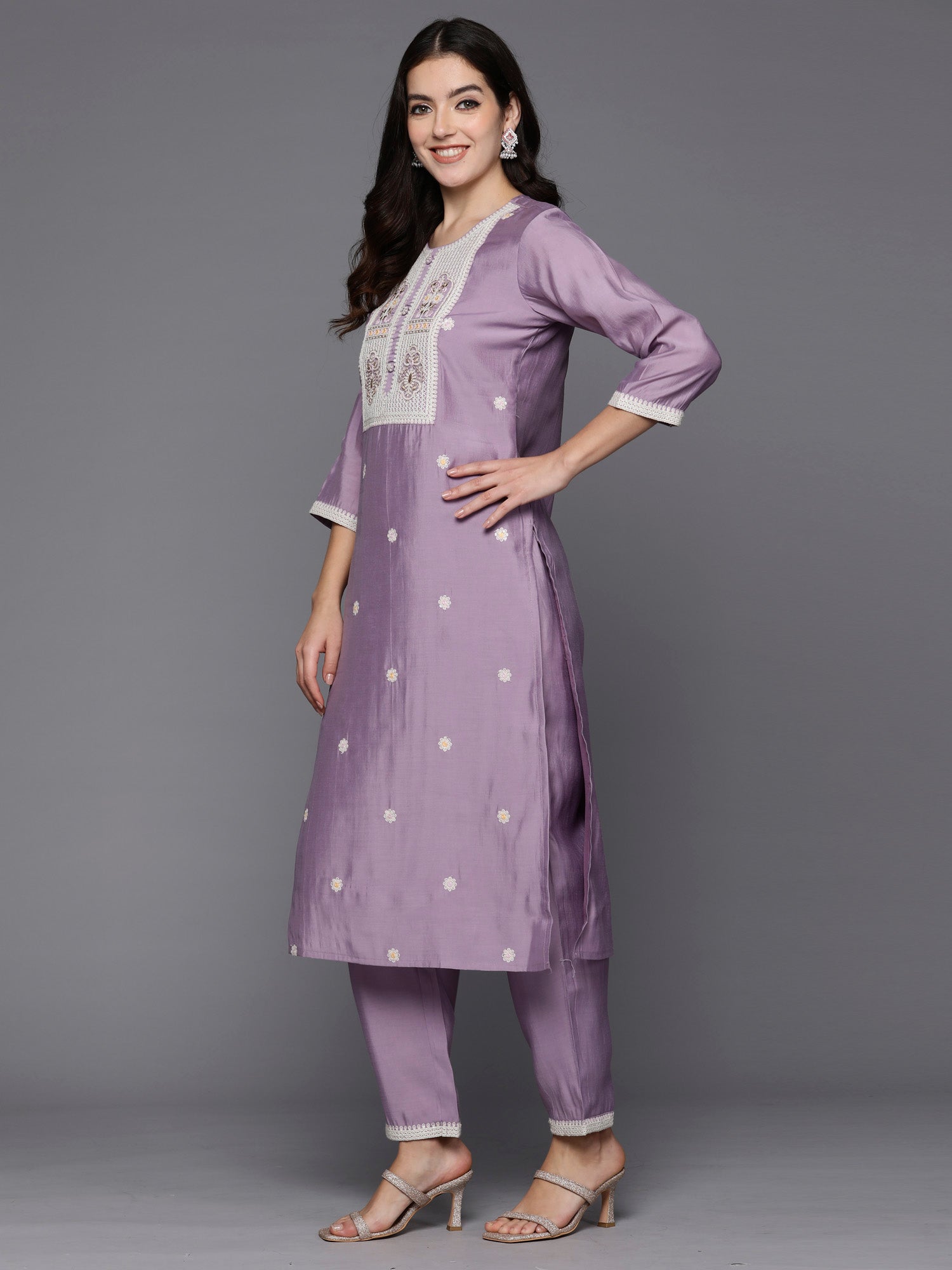 Lavender Embroidered Straight Kurta Trousers With Dupatta Set