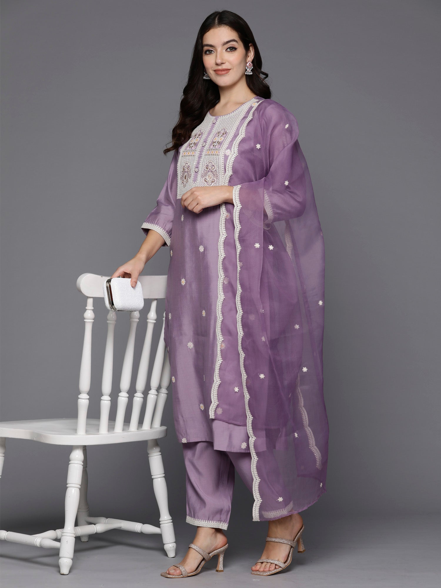 Lavender Embroidered Straight Kurta Trousers With Dupatta Set