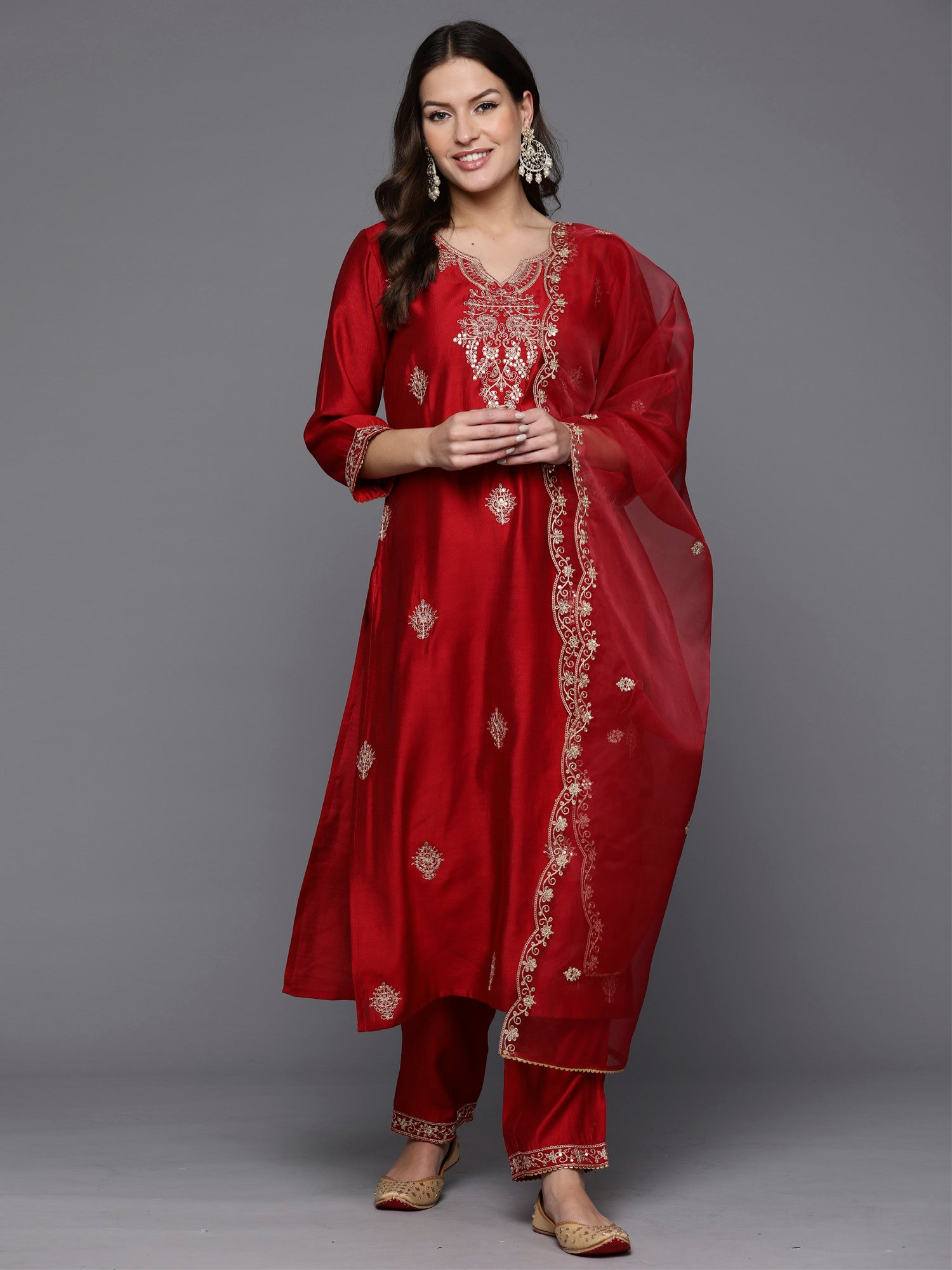 Red Embroidered Straight Kurta Trousers With Dupatta Set