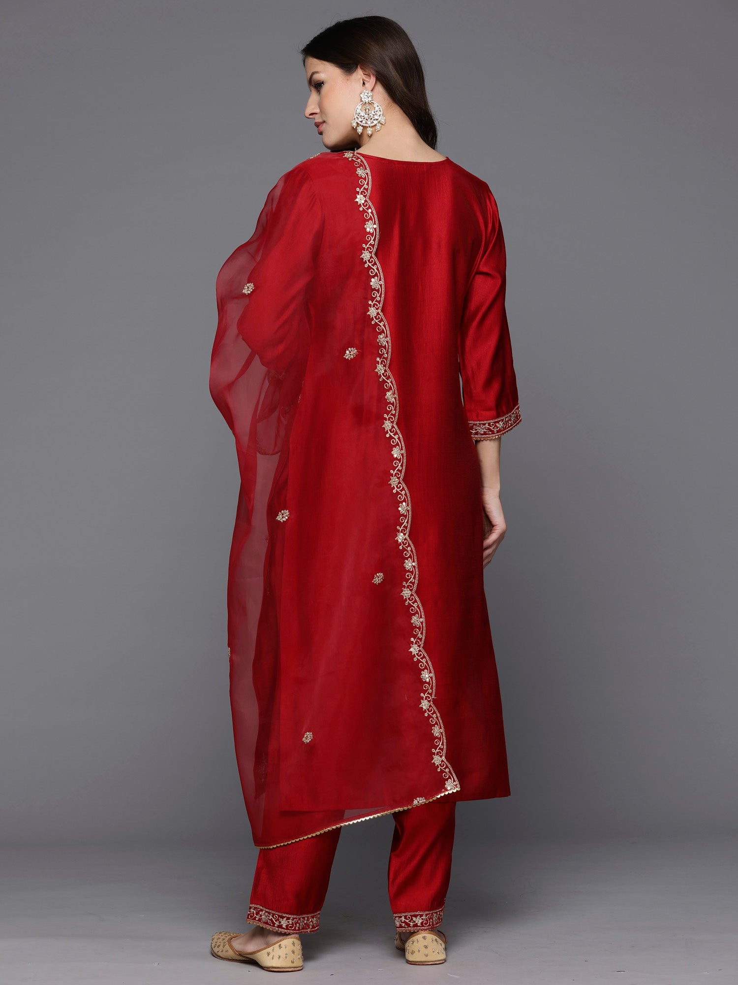 Red Embroidered Straight Kurta Trousers With Dupatta Set