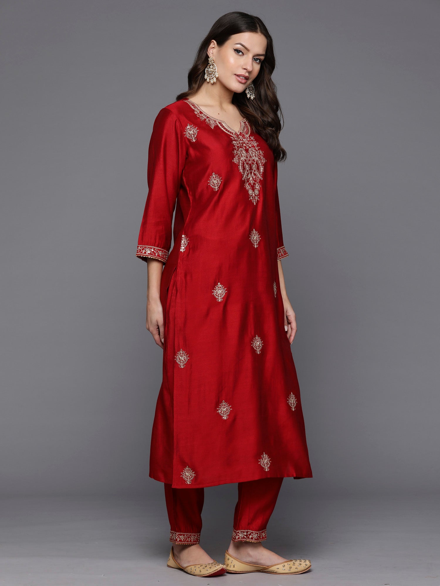 Red Embroidered Straight Kurta Trousers With Dupatta Set