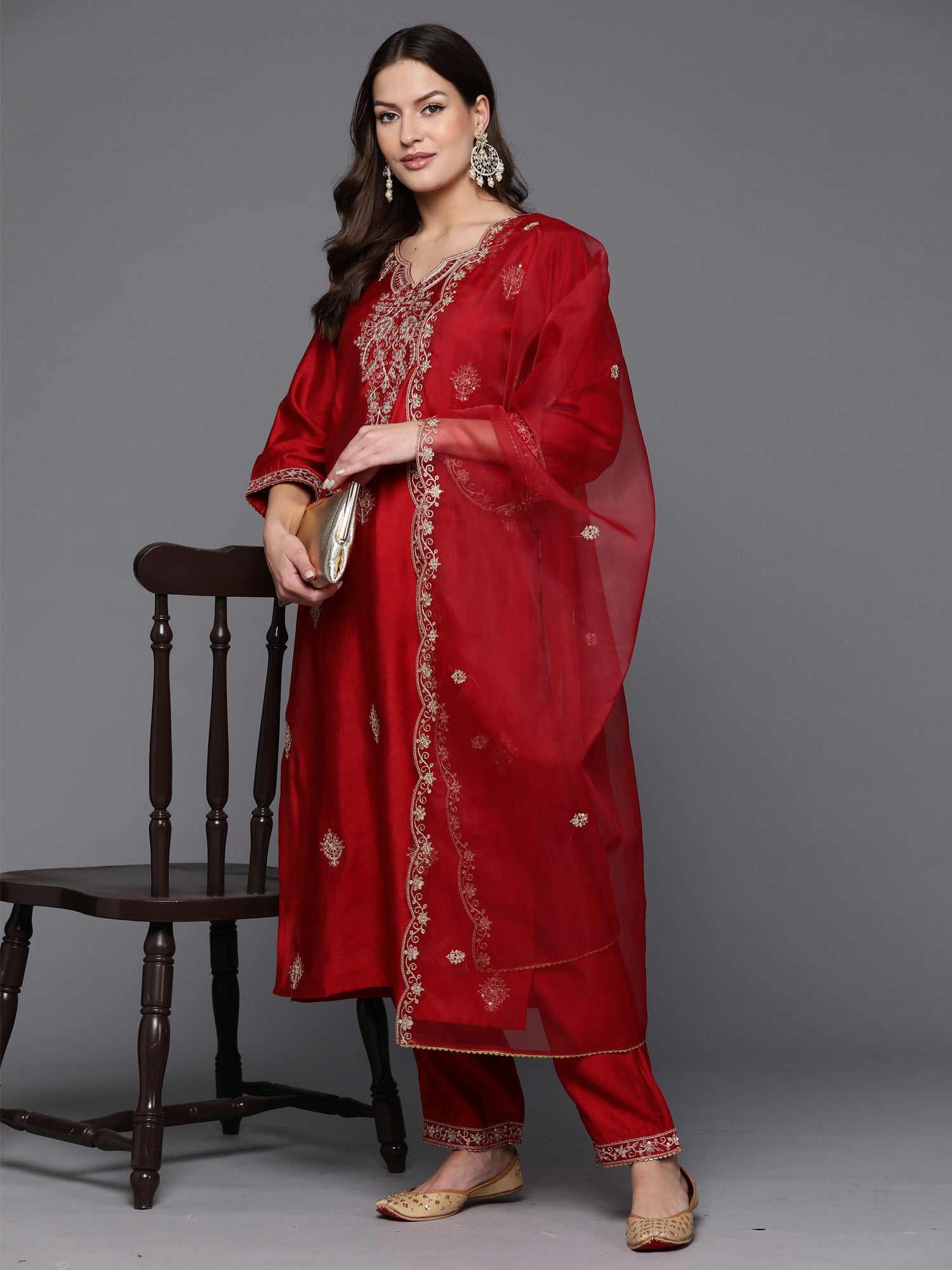 Red Embroidered Straight Kurta Trousers With Dupatta Set