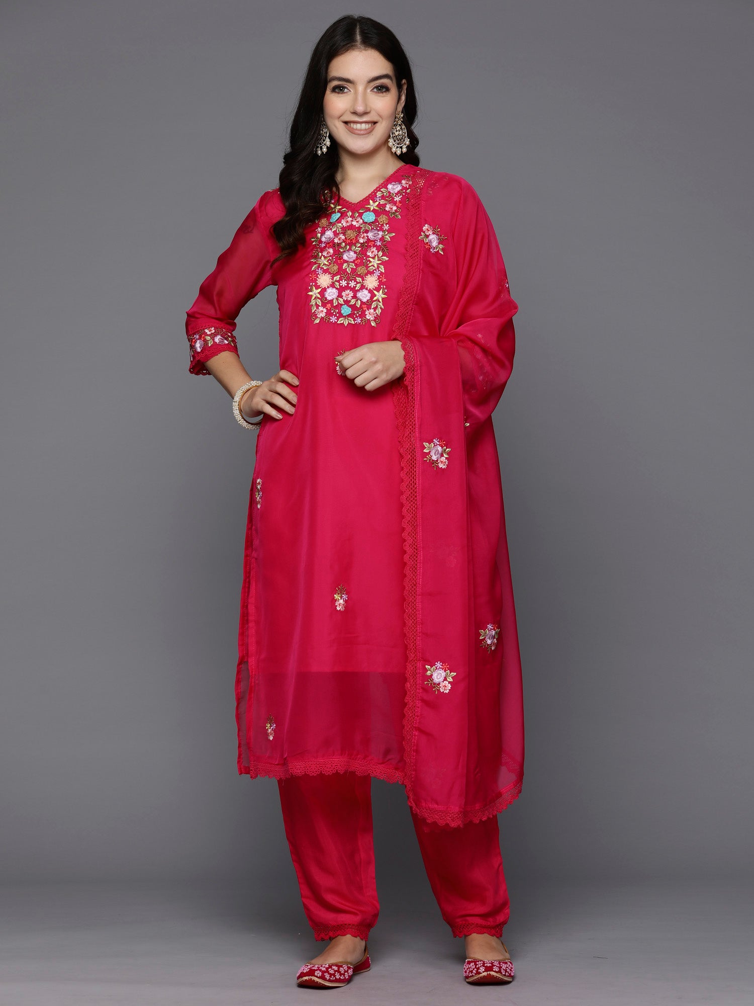 Magenta Embroidered Straight Kurta Trousers With Dupatta set