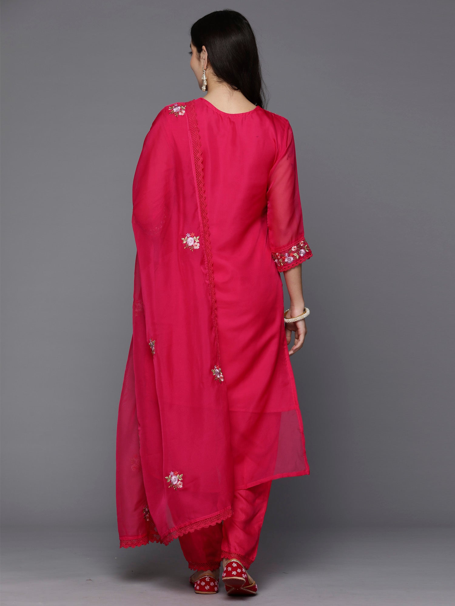 Magenta Embroidered Straight Kurta Trousers With Dupatta set