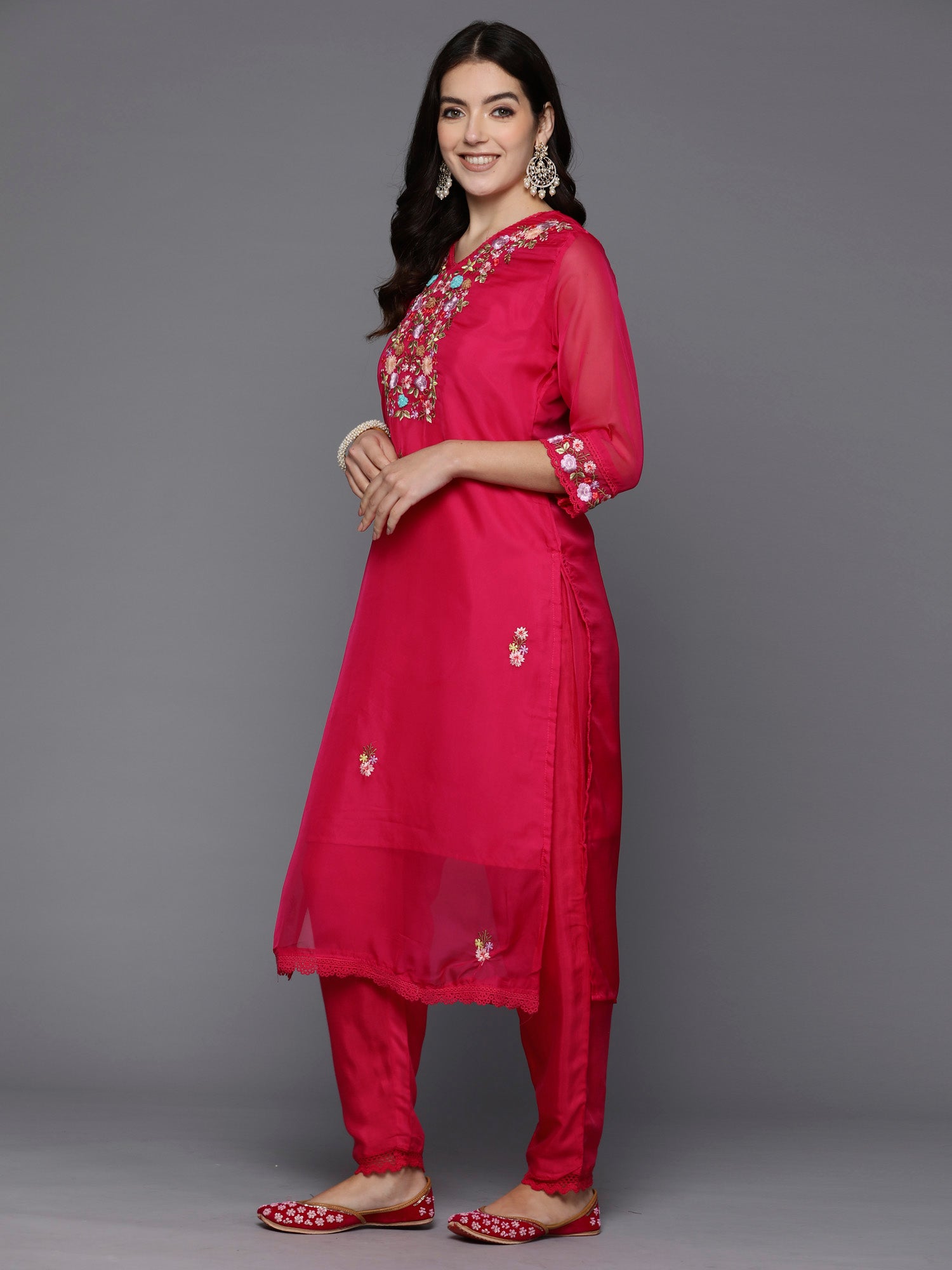 Magenta Embroidered Straight Kurta Trousers With Dupatta set