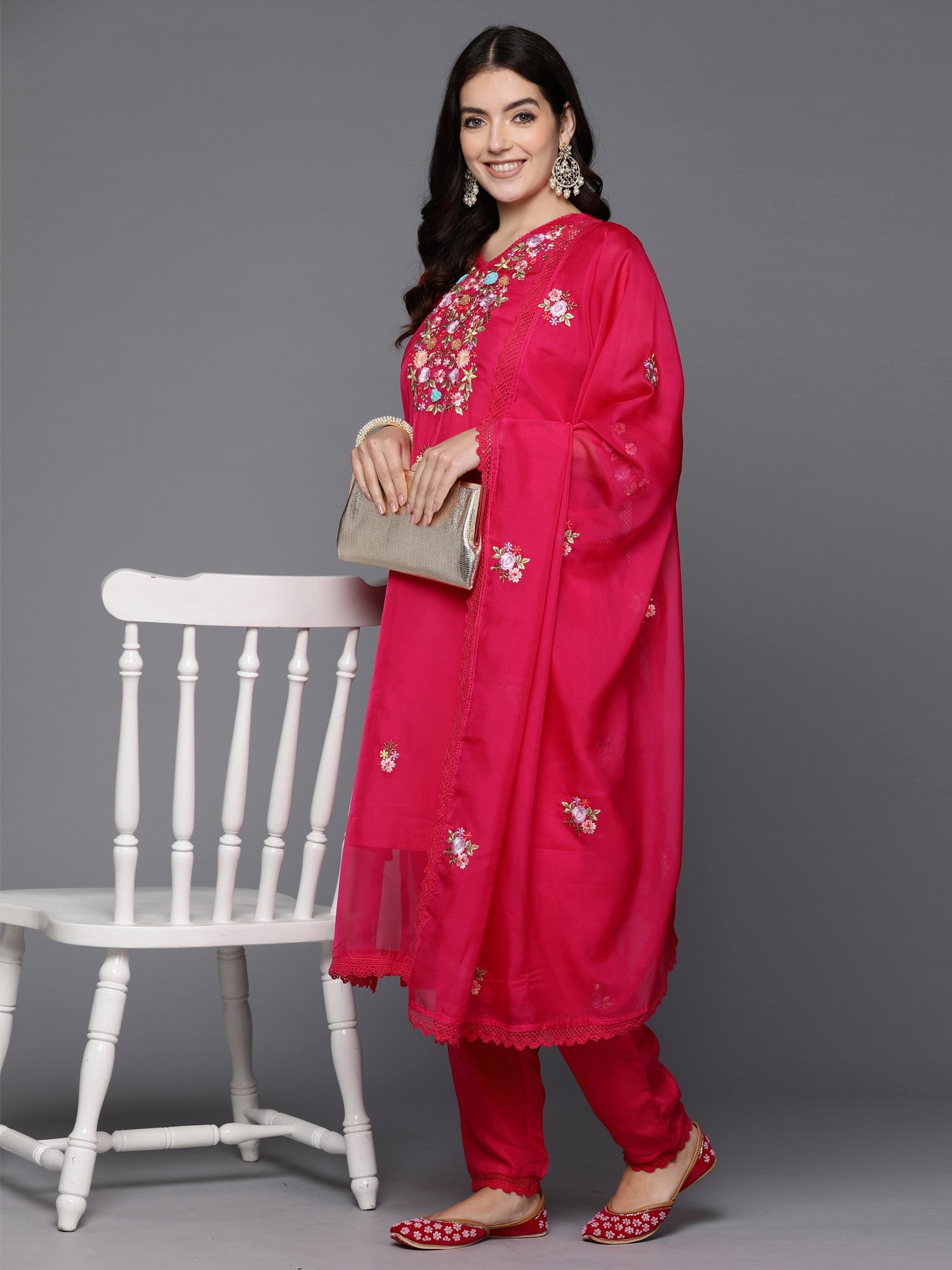 Magenta Embroidered Straight Kurta Trousers With Dupatta set