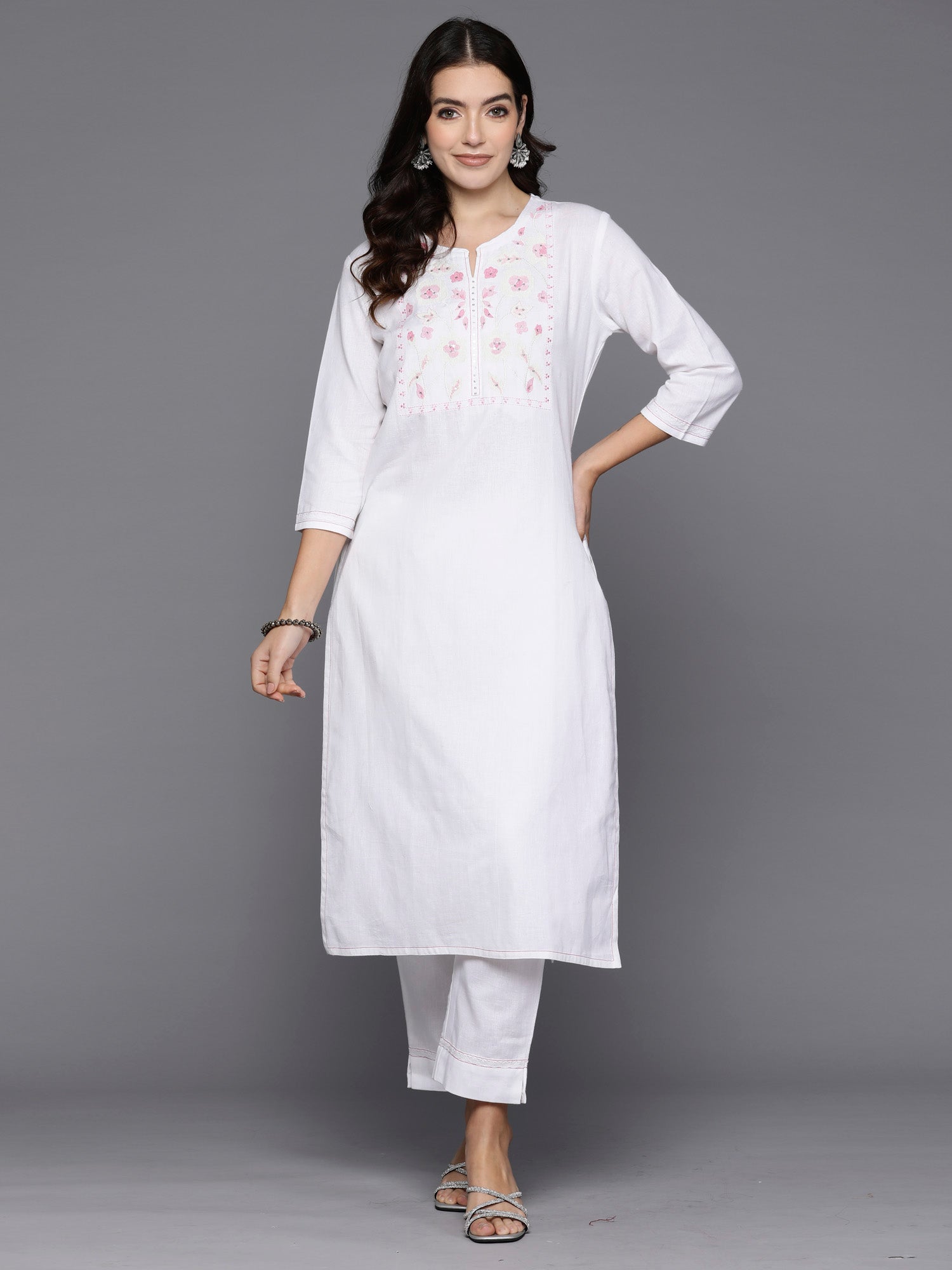 Off White Embroidered Straight Kurta Trousers  set