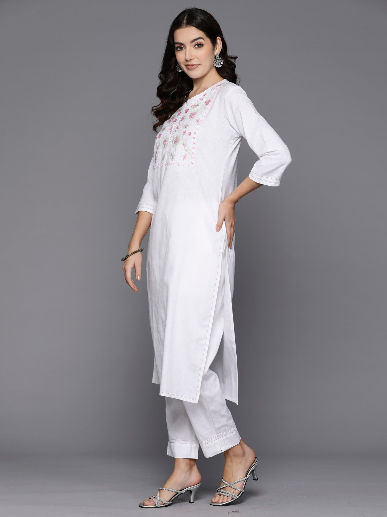 Off White Embroidered Straight Kurta Trousers  set