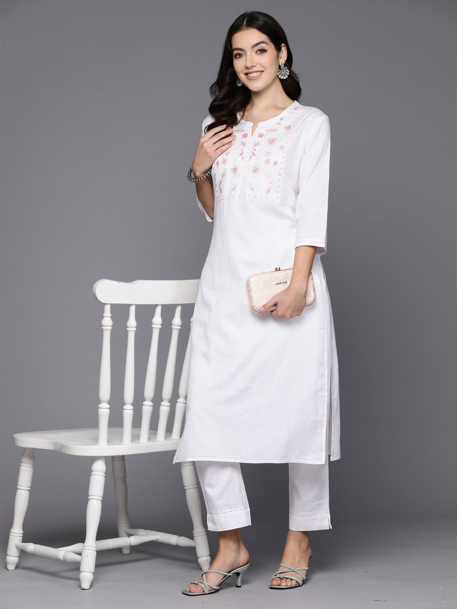 Off White Embroidered Straight Kurta Trousers  set