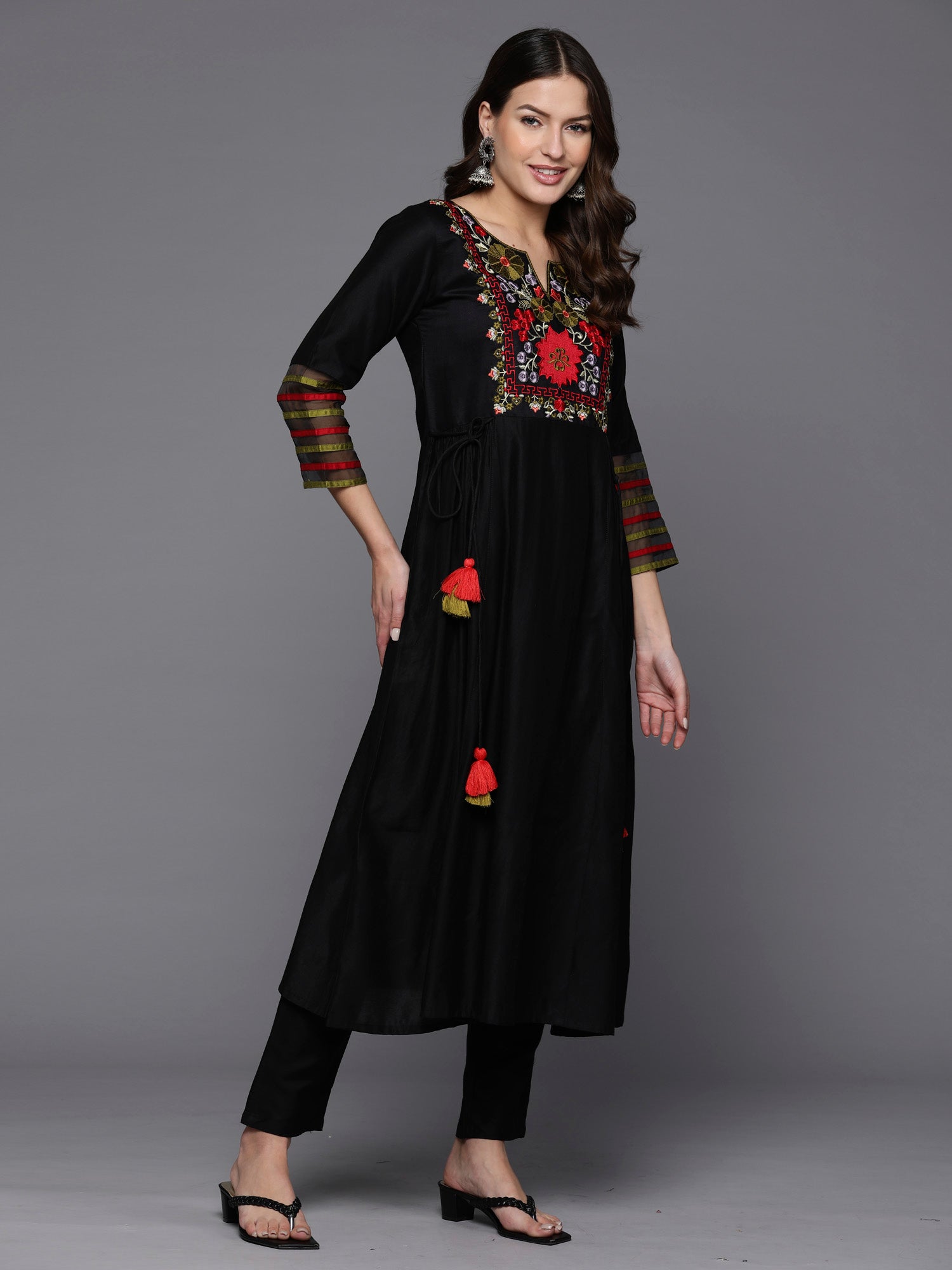 Black Embroidered A-Line Kurta Trousers  Set