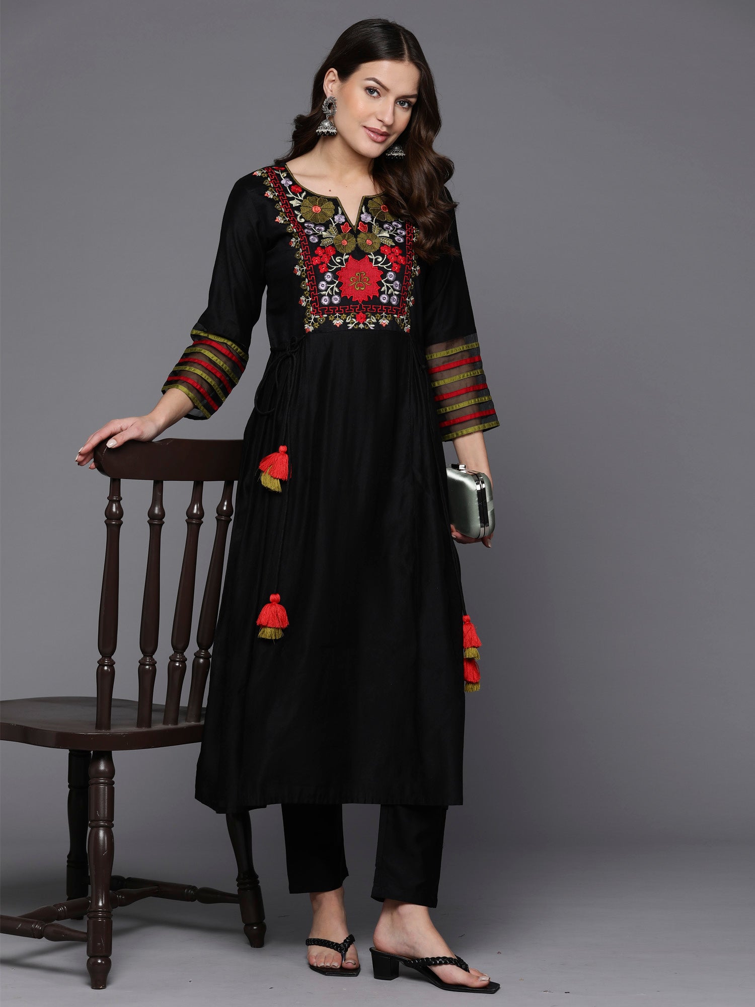 Black Embroidered A-Line Kurta Trousers  Set