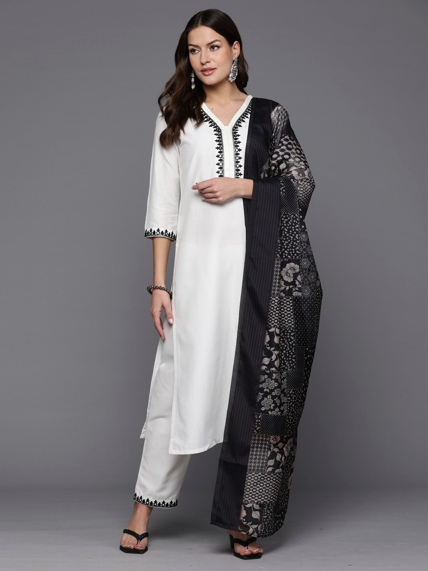 White Embroidered Straight Kurta Trousers With Dupatta Set