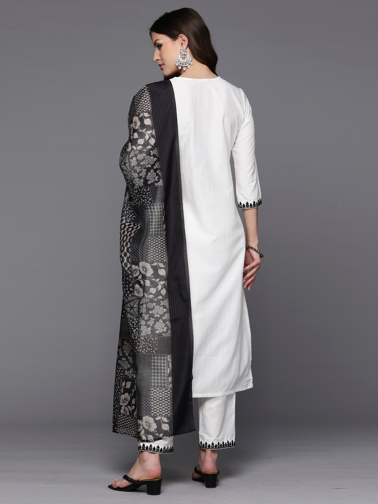 White Embroidered Straight Kurta Trousers With Dupatta Set