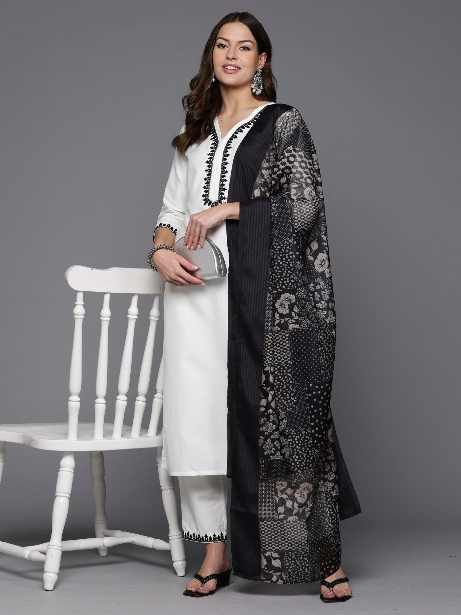 White Embroidered Straight Kurta Trousers With Dupatta Set