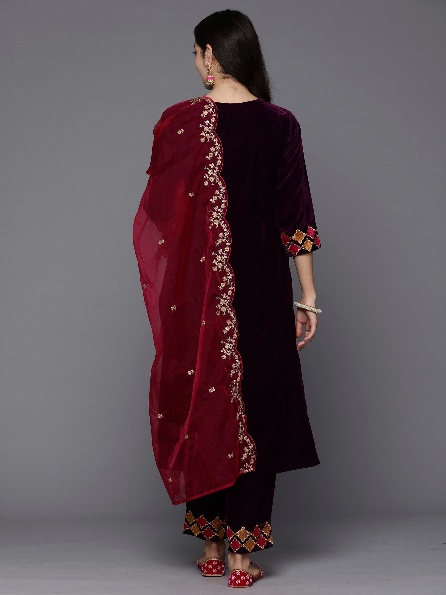 Burgundy Embroidered Straight Kurta Trousers With Dupatta Set