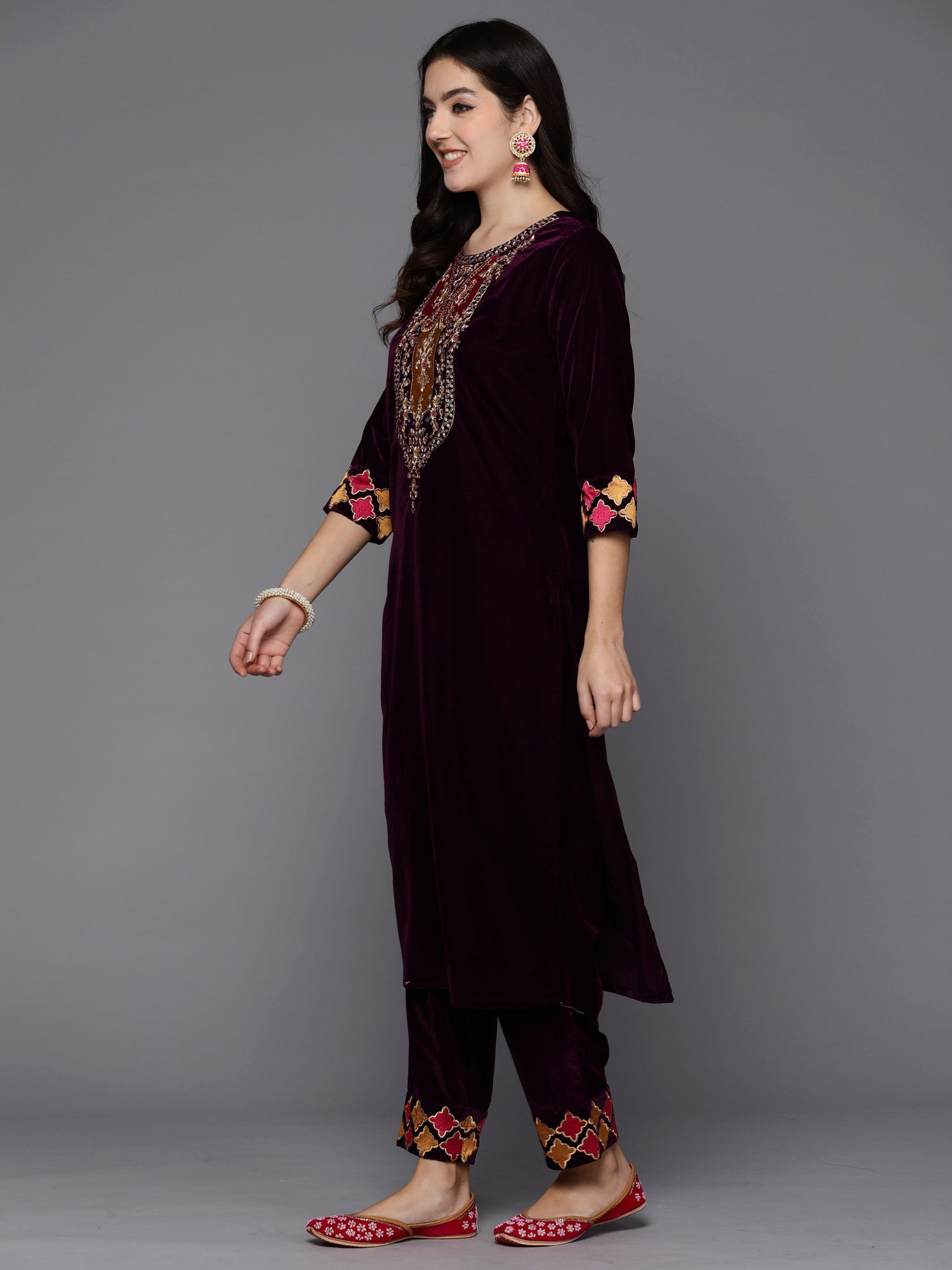 Burgundy Embroidered Straight Kurta Trousers With Dupatta Set